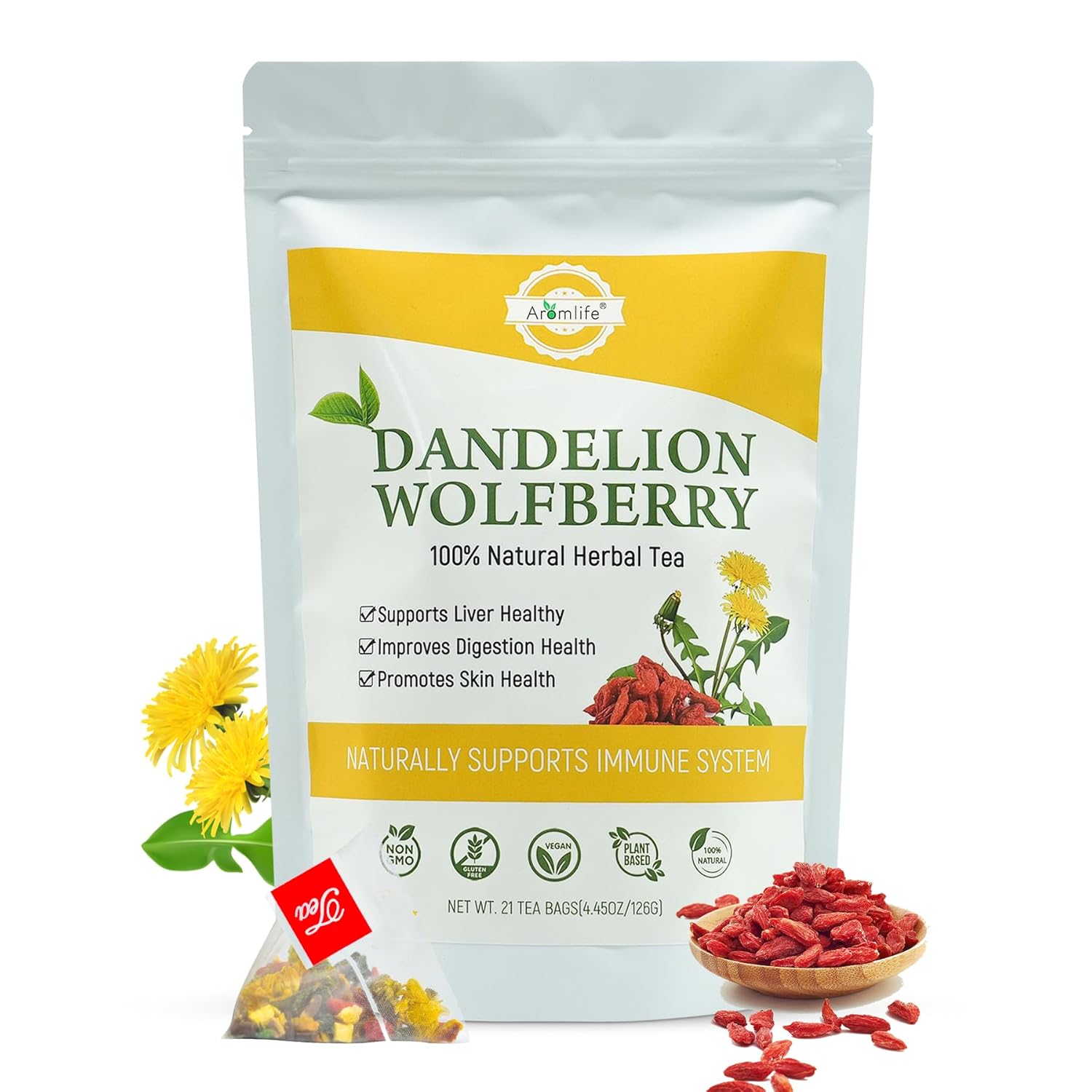 Aromlife Natrual 21 Bags Dandelion Wolfberry Tea Supports Kidneys & Liver Health, Organic Liver Detox Dandelion Root Tea for Digestion Health, Caffeine-free Goji Berry Herbal Tea for Skin Health