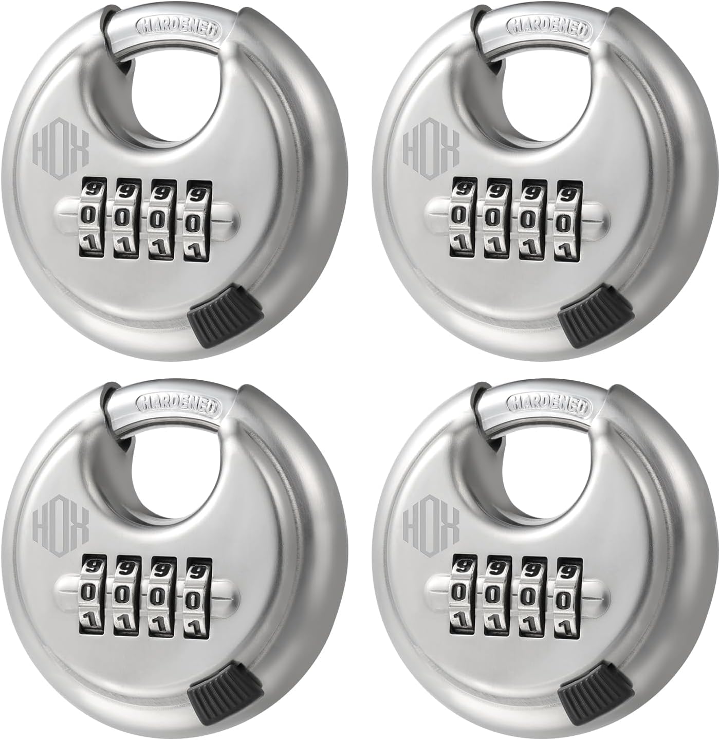 HOX Combination Lock, 4 Digit Disc Padlock with 3/8 Inch Hardened Steel Shackle, 2-3/4 Inch Wide Body, Keyless Heavy Duty Combo Lock for Hasp Latch, Sheds, Fences, Storage Locker (4 Pack)