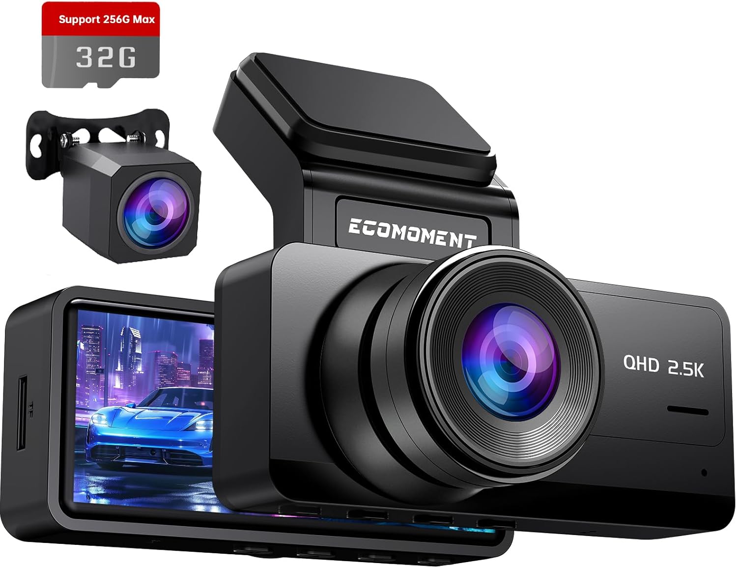 Dash Cam Front and Rear, 2.5K+1080P Dual Dash Camera for Cars, Ecomoment Car Camer with 3.16" IPS Screen, 170° Wide Angle, Night Vision, G-Sensor, 24H Parking Monitor, 32GB SD Card Included, S70