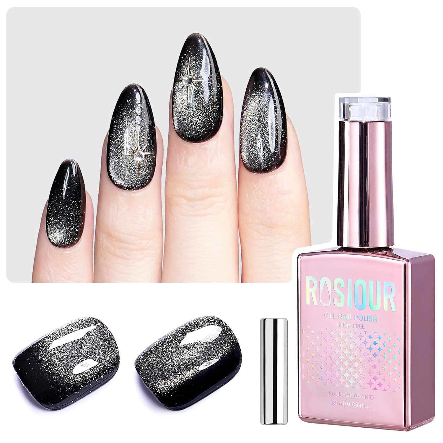 TPO HEMA Free Black Cat Eye Gel Nail Polish - 18 ML Glitter Holographic Shimmer Translucent Jelly Glass Polish Gel with Magnet, Long Lasting Soak Off for Nail Art Salon & Home Use