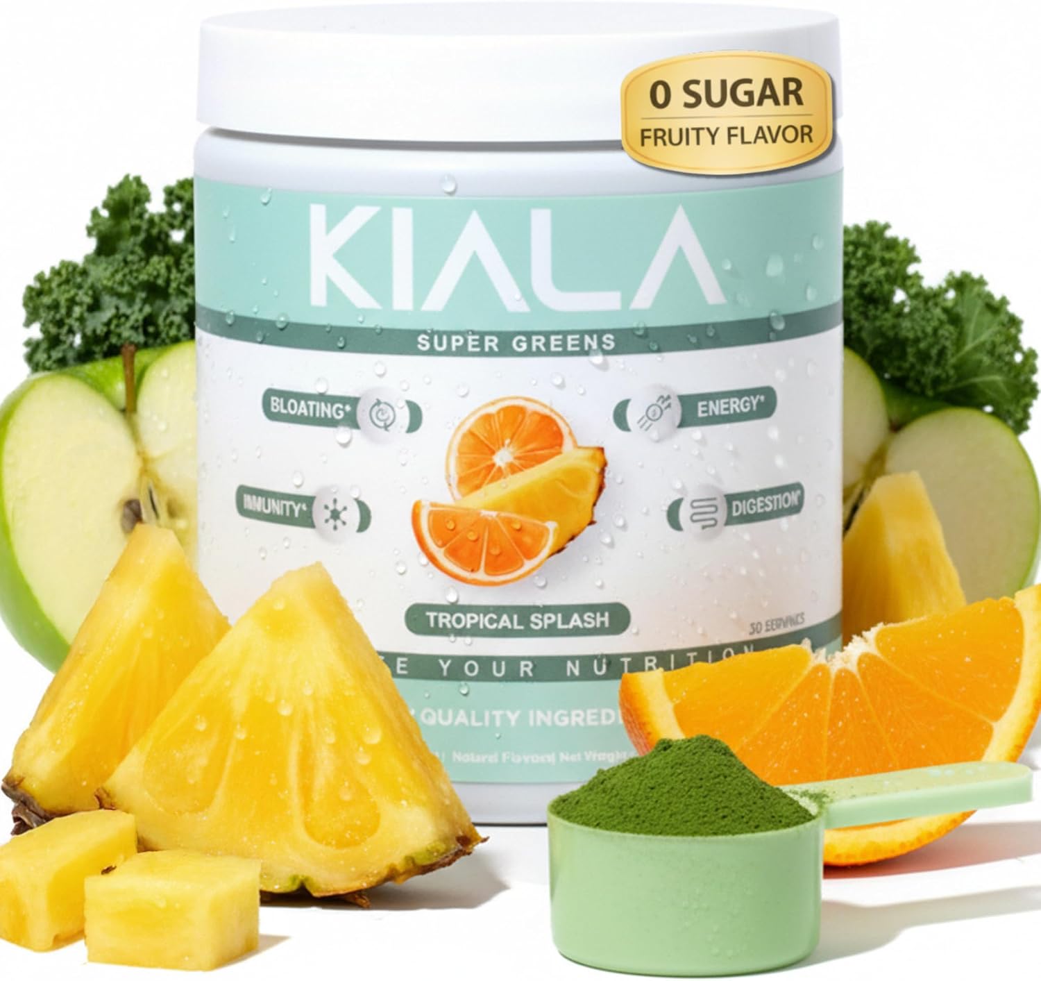 Kiala Nutrition Super Greens Powder with Spirulina & Chlorella for Digestion, Gut Health, Immunity, Adaptogens, Energy, Gluten Free, Vegan, Sugar Free, Tropical Splash, 30 Servings