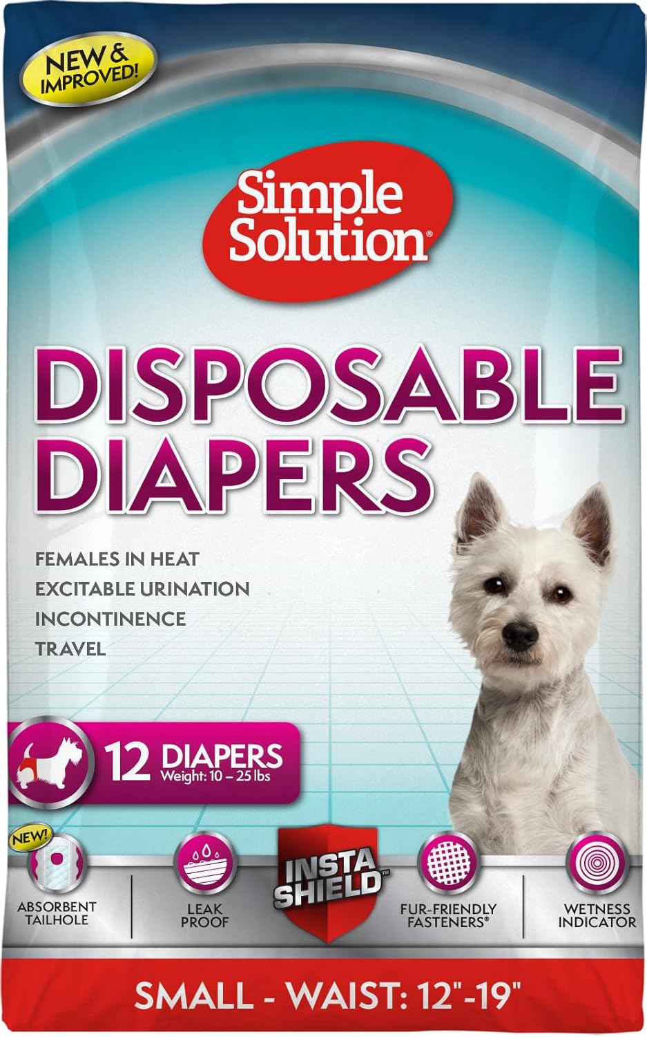 Simple Solution Disposable Dog Diapers for Female Dogs, True Fit, Absorbent, Leak Proof with Wetness Indicator, Puppy & Doggie Period Pad and Pee Diaper, For Small Pets,12–19-Inch Waist, 12 Count