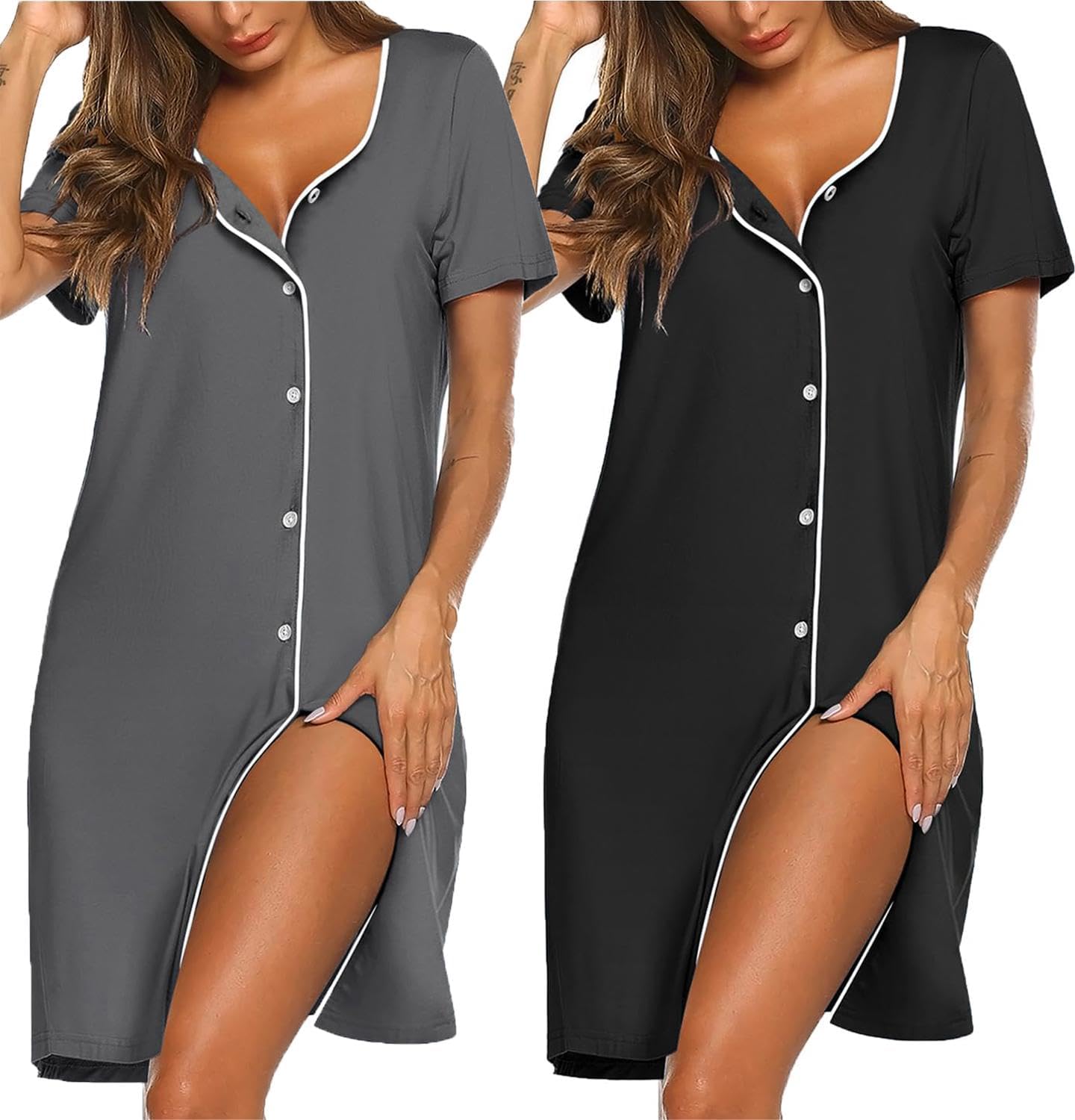 Ekouaer 2 Pack Nightgowns for Women Nightdress Button Down Nighties Short Sleeve Nightshirt Soft Sleepwear V Neck Pajama Dress S-XXL