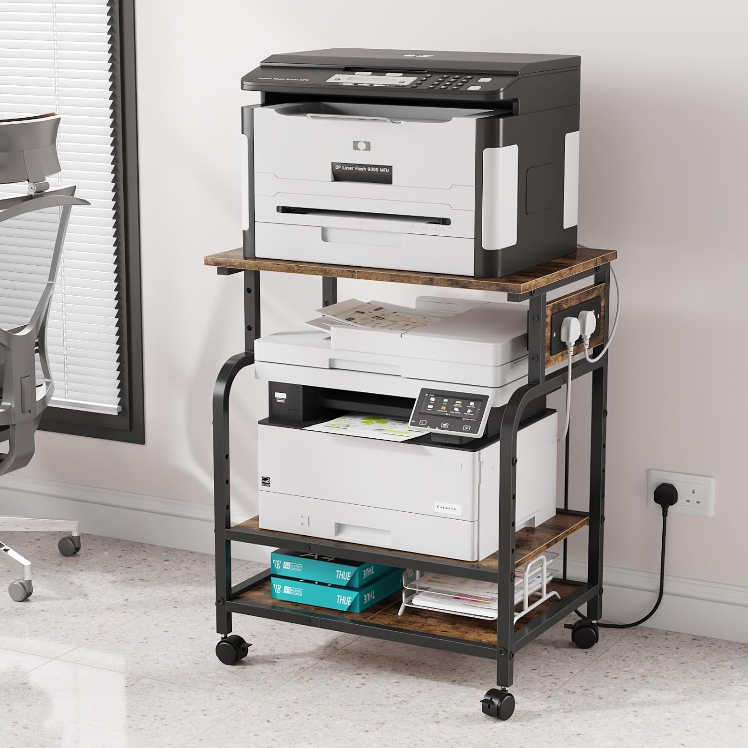 3-Tier Rolling Printer Stand with Outlets, Printer Table with Charing Station, Adjustable Storage Shelf Cart for Office, 3D Printers, Heat Press (Retro)