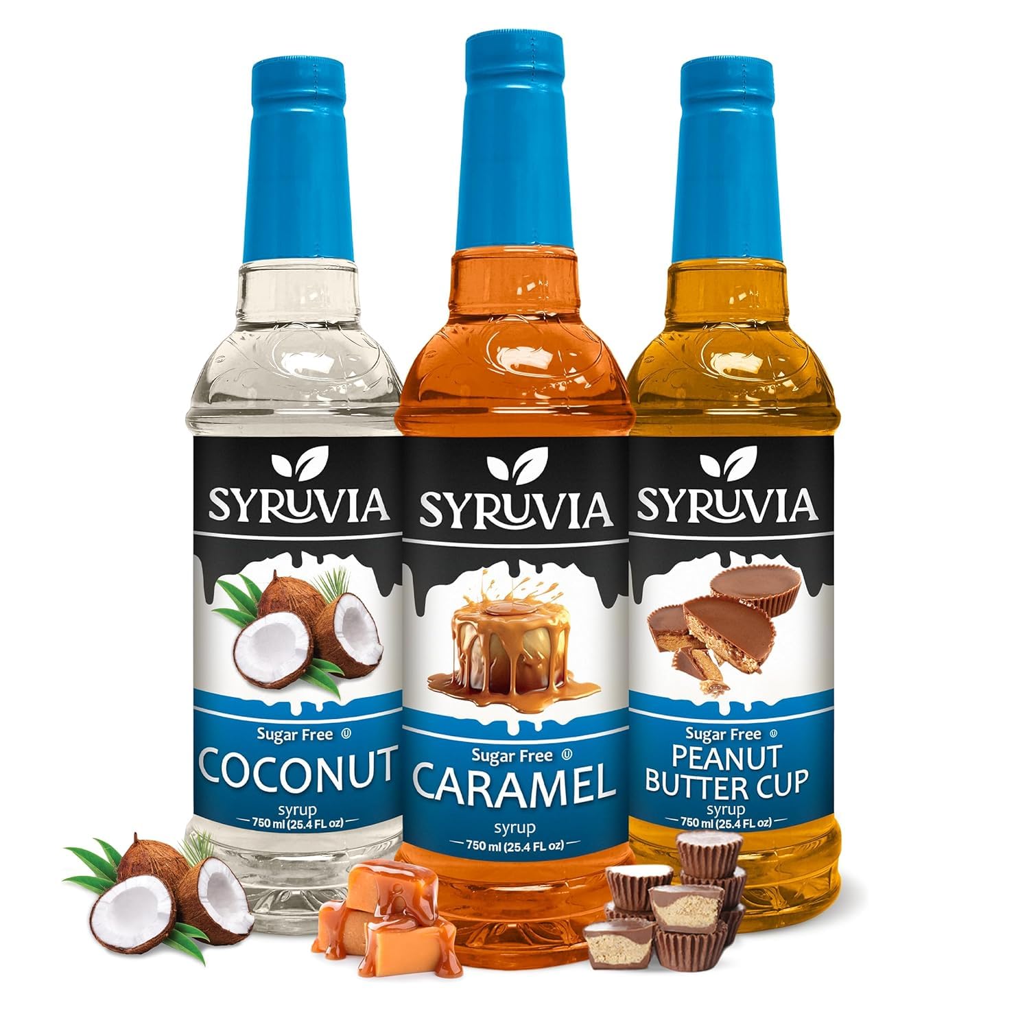 Syruvia Sugar Free Caramel, Coconut & Peanut Butter Cup Syrup - 25.4 fl oz. Premium Coffee Flavoring Syrup. 0 Calories, Kosher & Gluten-Free. Ideal for Drinks, Desserts & More.
