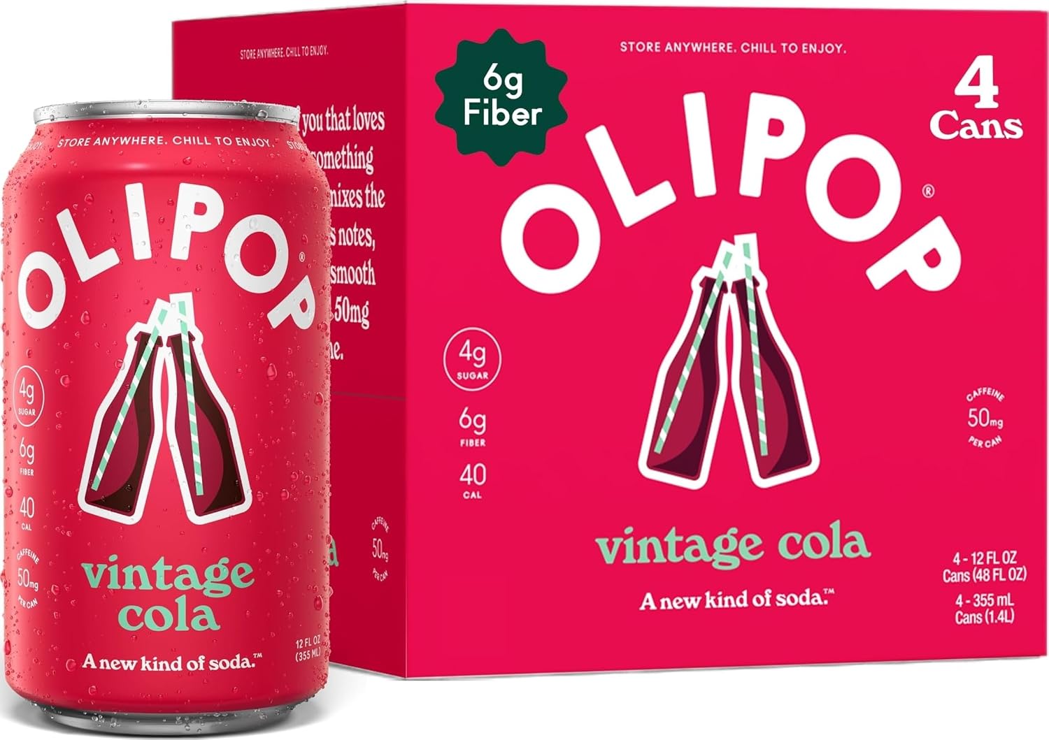 OLIPOP Prebiotic Soda Pop, Vintage Cola, Prebiotics, Botanicals, Plant Fiber, 12 fl oz (4 Cans)