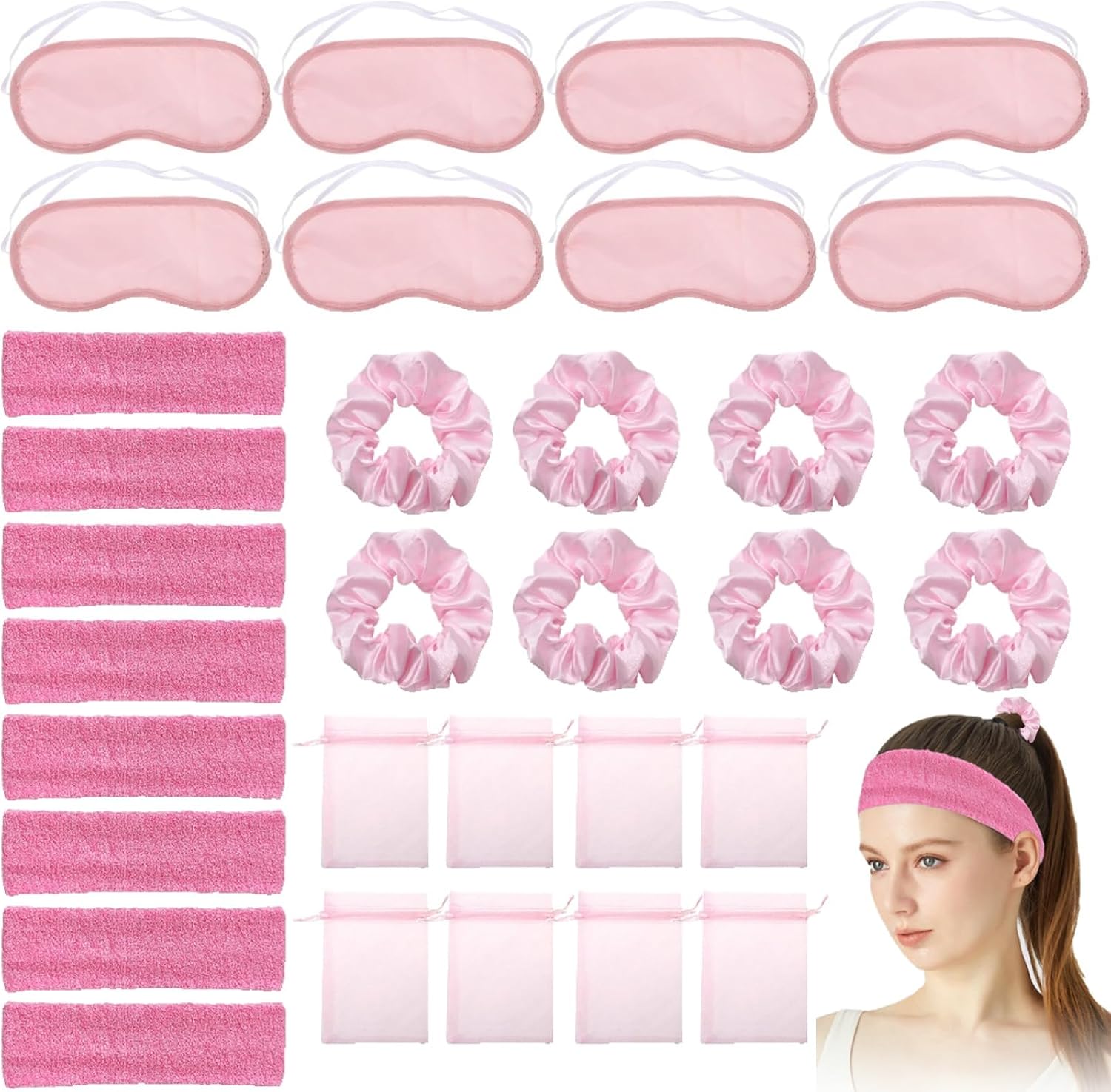 FYKZQWDS 32pcs Sleepover Party Supplies For Girls, With Facial Headband, Eye Mask, Satin Hair Scrunchies, Storage Bag For Birthday Celebrations And Special Occasions
