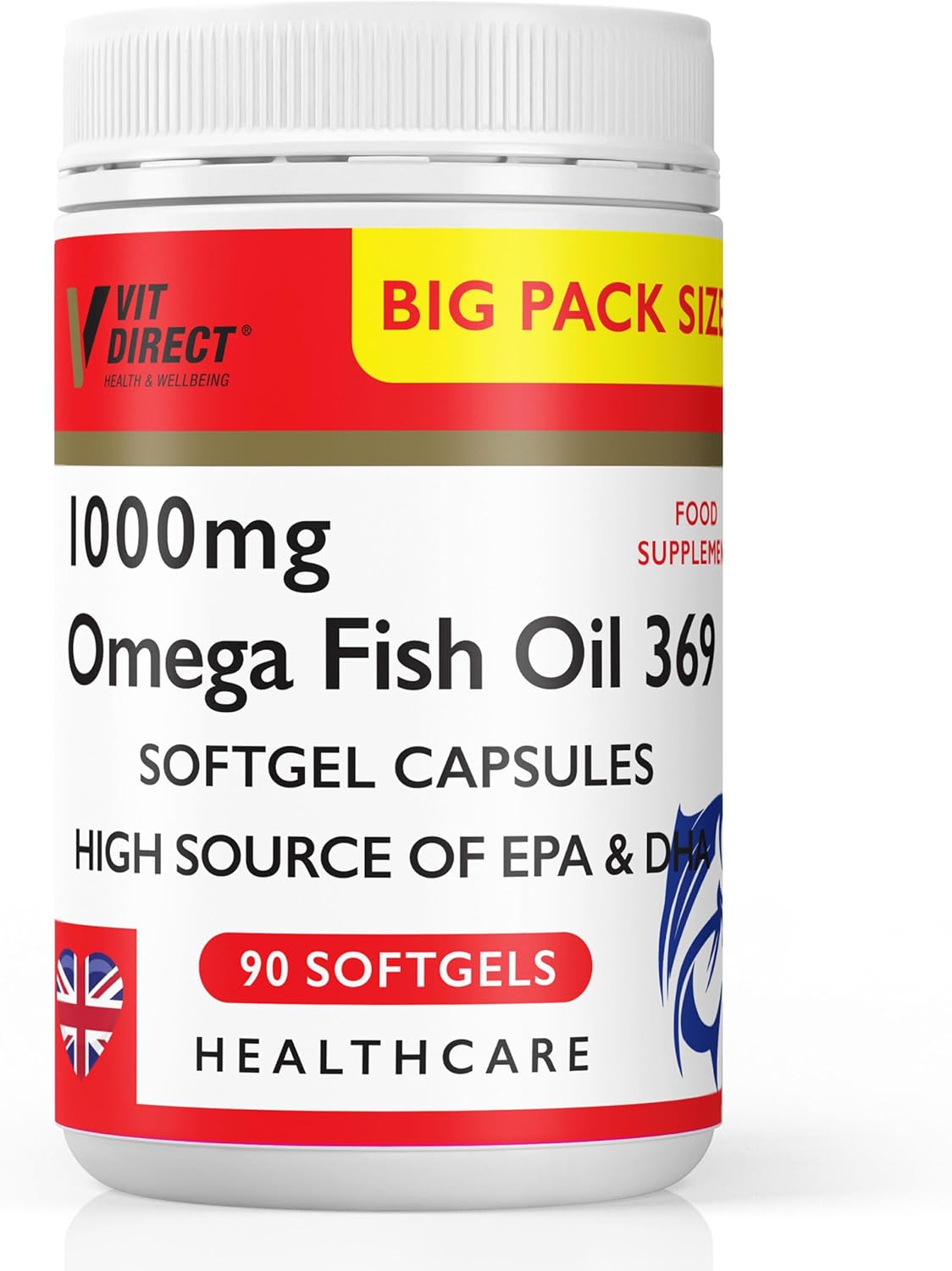 Vit Direct - Omega Fish Oil 369-90 Soft Gel Capsules - 1000mg - High Source of EPA & DHA - Daily Supplement - Fish Oil Omega 3 - Improve Endurance - for General Health & Wellbeing