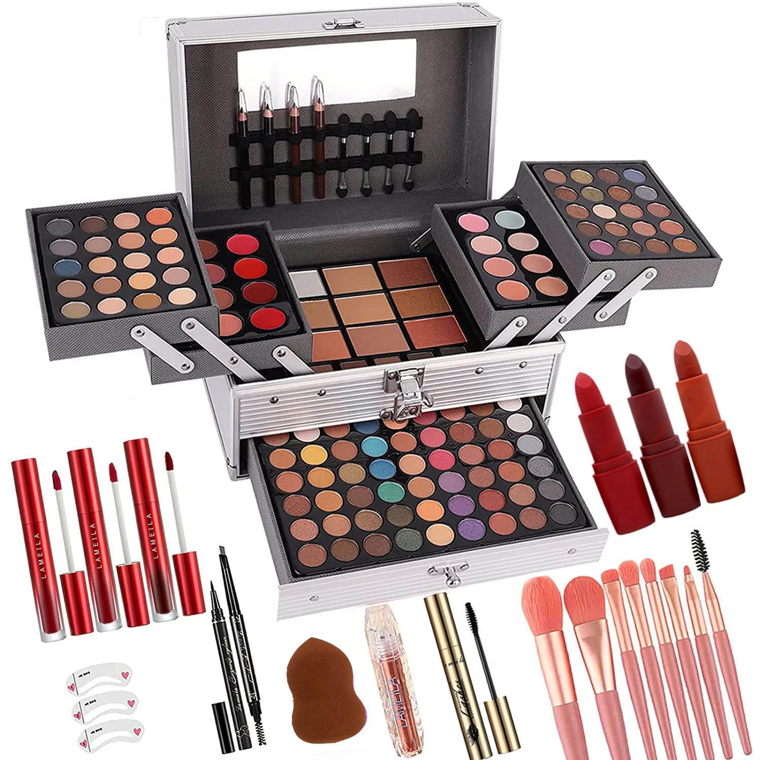 UNIFULL 132 Color All- In- One Makeup For Women Full Kit,Professional Makeup Kit,Makeup Gift Set for Women,Girls&Teens,Include eyeshadow/lipstick/concealer/Lip Gloss/Eyeliner/Mascara(006N2-Silver)