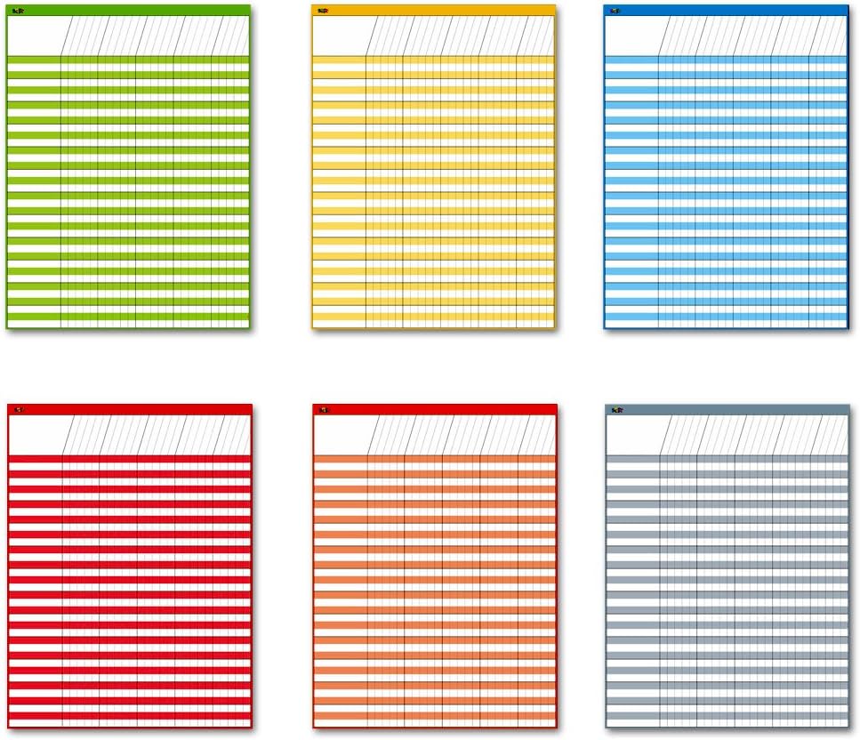 Dry Erase Incentive Chart/Chore/Responsibility/School Attendance/Homework Progress Tracking Chart, 6 Pack in Multi-Color, 36 Rows X 25 Columns (17" x 22.5")