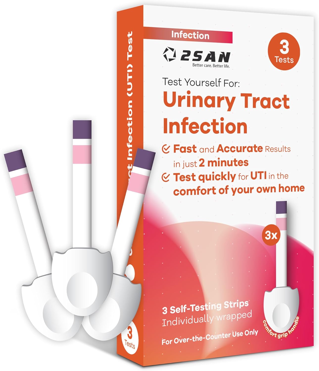 2San 2-in-1 UTI Test for Women – Fast 2-Min at-Home Urinary Tract Infection Test – Detects Leukocytes & Nitrite – FSA/HSA Eligible – 3 Strips – Comfortable Grip, Easy to Use