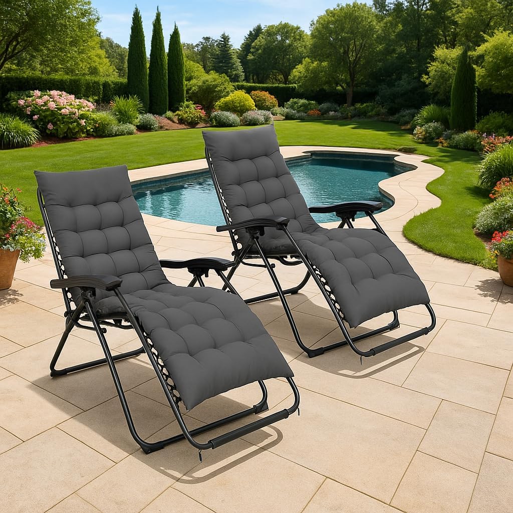 XEO HOME 2pcs Sun Lounger With Cushions Padded Reclining Zero Gravity Foldable Chair Portable Garden Furniture Camping Thick Comfortable Non-Slip Relaxer Indoor & Outdoor (Grey With Grey Cushions)