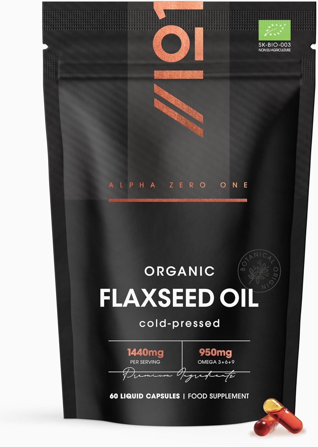 Organic Flaxseed Oil 1440mg - 929mg Omega 3-6-9 – Cold Pressed - 60 Vegan Liquid Capsules – Rich in Alpha Linoleic Acid, Linoleic Acid & Oleic Acid - by Alpha01