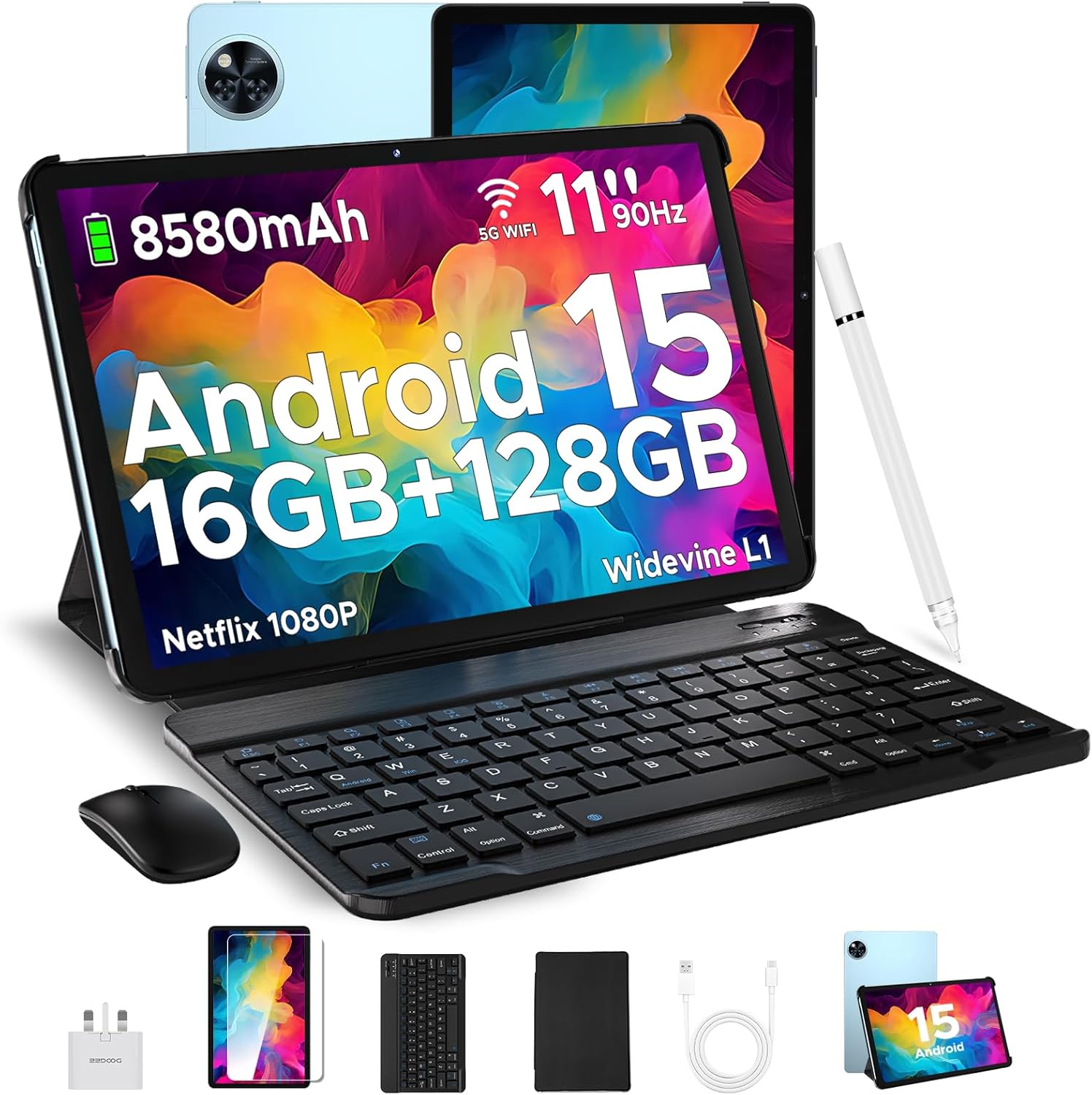 DOOGEE U11 Android 15 Tablets 11 Inch - 2025 Newest Tablet 16GB+128GB/2TB Octa Core, 90 Hz Display, 8580mAh, Android Tablets, 5G WiFi,13MP+5MP,Tablet with Keyboard & Mouse&Case-Blue