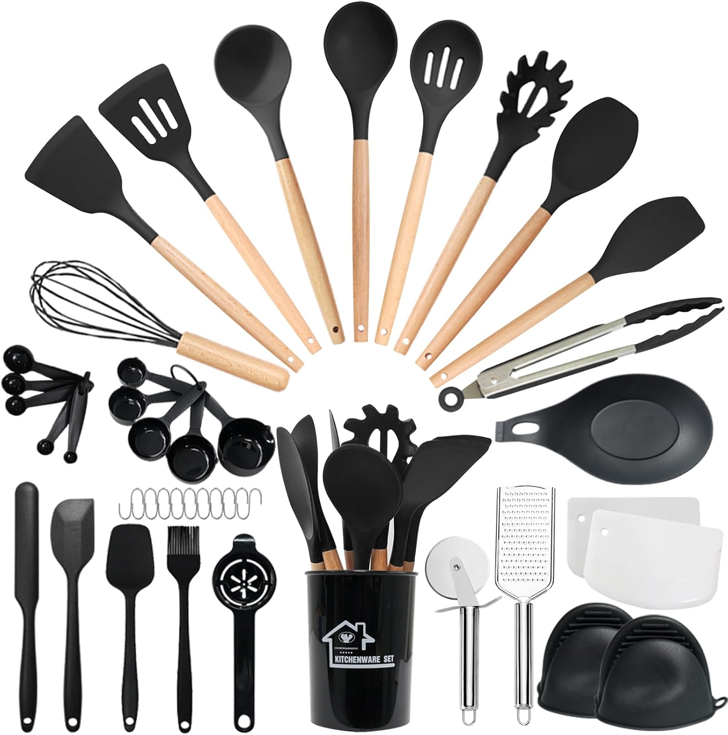 Bestdin Cooking Utensils Set - 43 PCS Silicone Kitchen Utensils Set with Wooden Handle, Nonstick Cookware Tongs Spatula Spoon Set, Heat Resistant Silicone Utensil Set, Black Kitchen Accessories