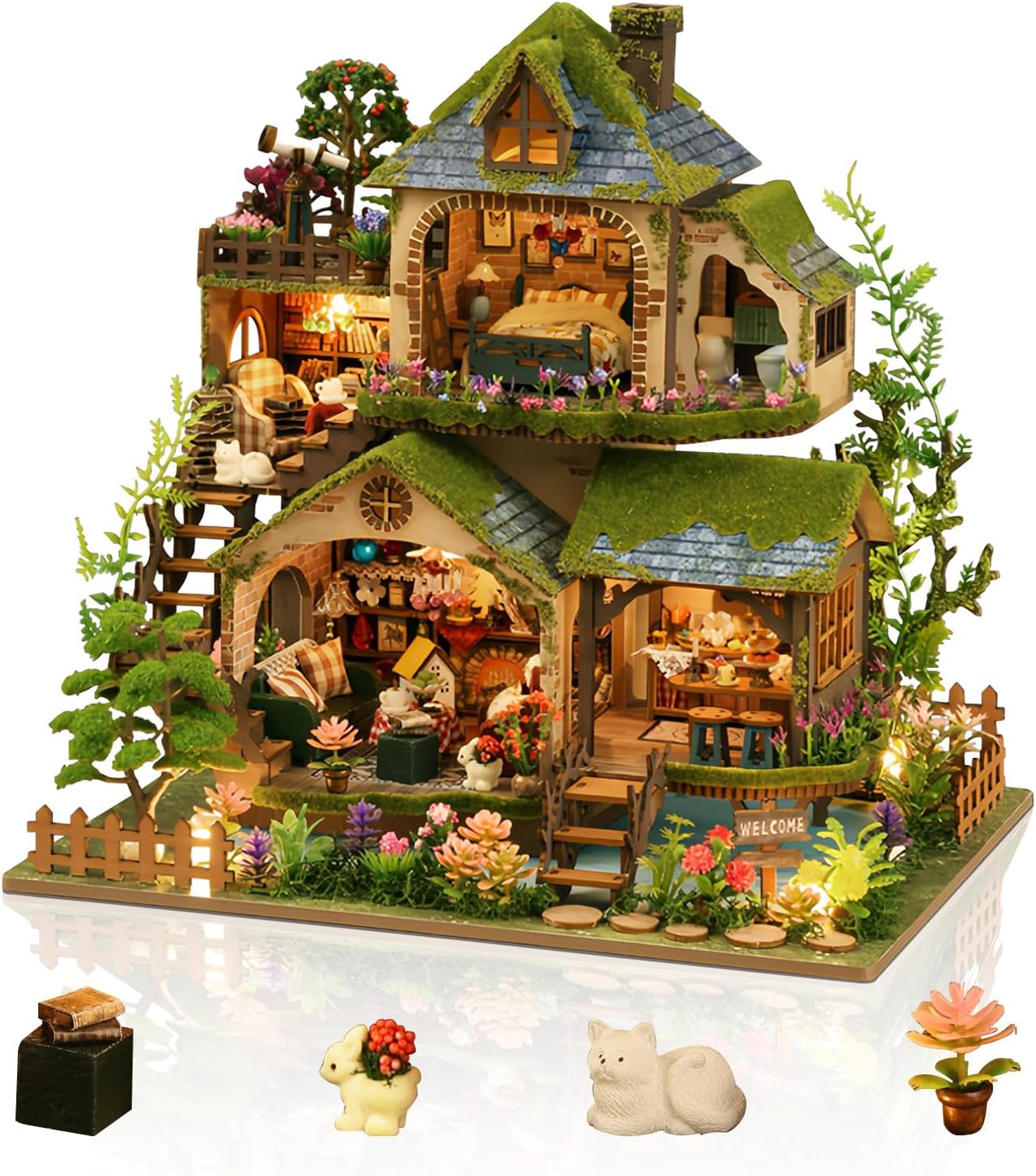 Cuteefun DIY Miniature House Kits Age 14+, Mini Dollhouse with LED, Wooden Crafts for Adults Teen to Building, Birthday (Forest Adventures)