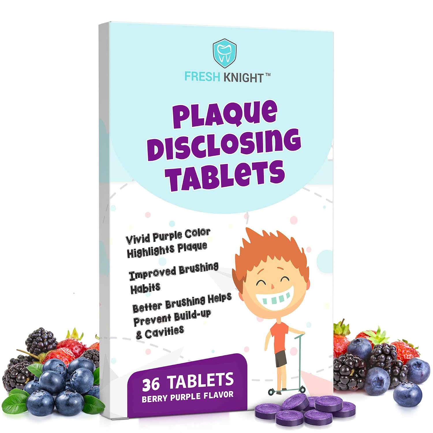 Plaque Disclosing Tablets for Teeth, 36 Count, Dental Disclosing Tablets for Kids or Adults, Shows Plaque, Helps Teach Kids Teeth-Brushing Habits for Clean Smile, by Fresh Knight, (Pack of 1)