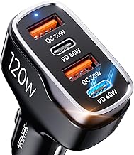 SUNDA 120W USB C Fast Car Charger, 4-Ports Car Charger Adapter, Dual Type C PD60W/PPS60W Compatible with iPhone16/15 Pro/Max/iPhone14/Galaxy/SamsungS24, Dual USB-A 18W QC3.0 for Android(Black)