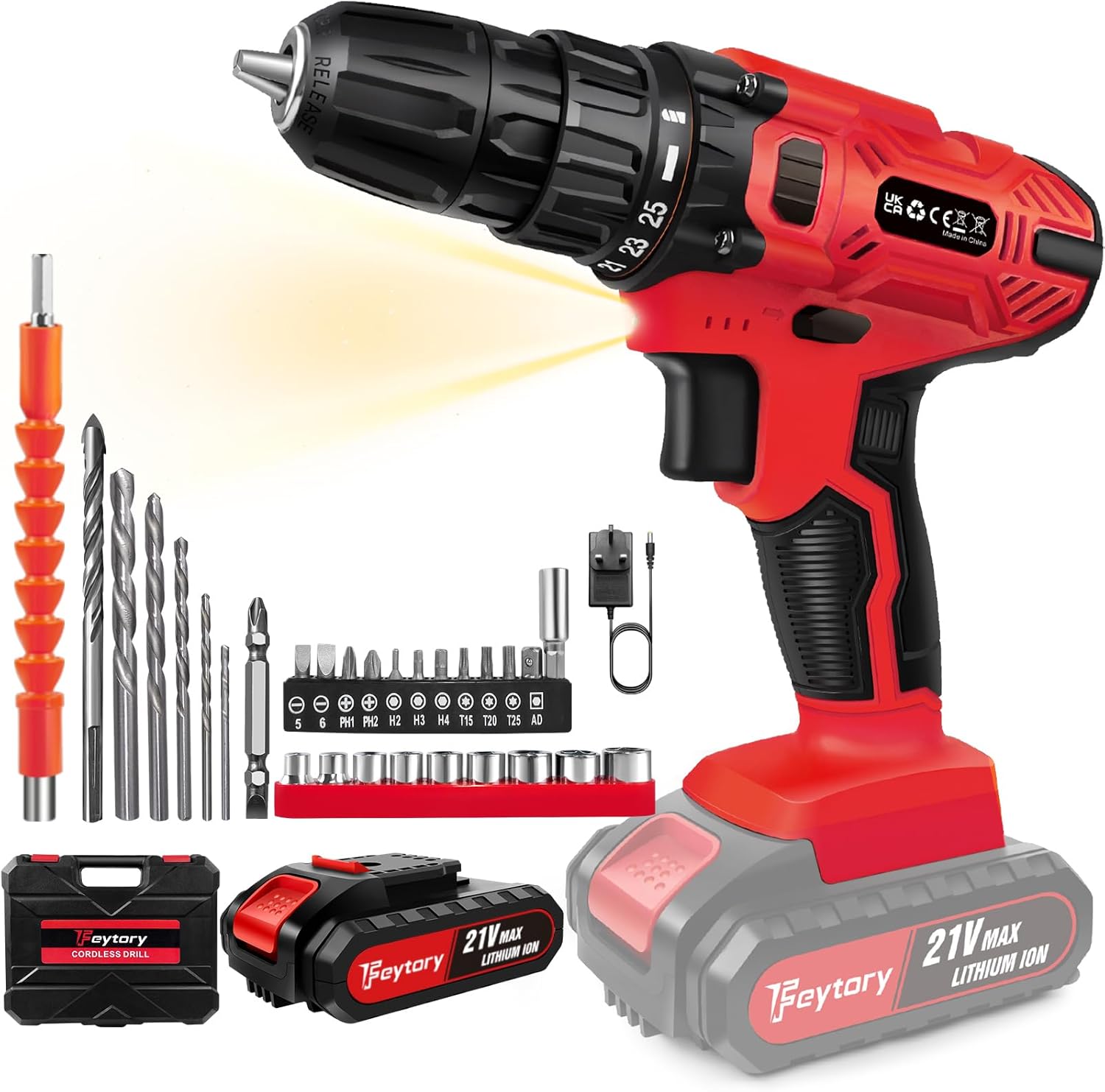 Huini 21V Cordless Drill,Electric Drill Set,45Nm Cordless Combi Drill with 25+1 Torque Setting,Large LI-ion Battery,29PCS Accessories,2 Variable Speed, LED Work Light,Home and Garden DIY Project Kit