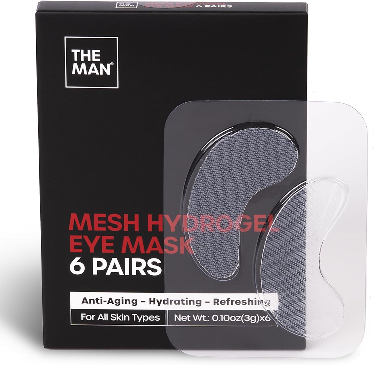 The Man Mesh Hydrogel Under Eye Patches for Men - Cooling, Hydrating & Firming Eye Masks for Dark Circles & Puffiness - Men's Anti-Aging Patches with Hyaluronic Acid, Collagen & Vitamin E.(6 Pairs)