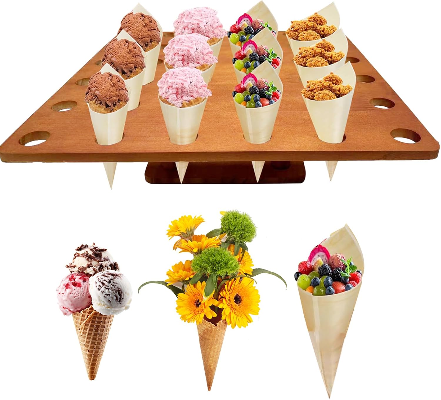Food Cone Stand with 36 Holes,Wooden Waffle Chip Cones Sweet Cake Stand,Dessert Snacks Display,Sushi Popcorn Rack,Charcuterie Buffet Risers For Wedding Birthday Party Anniversaries Food Truck