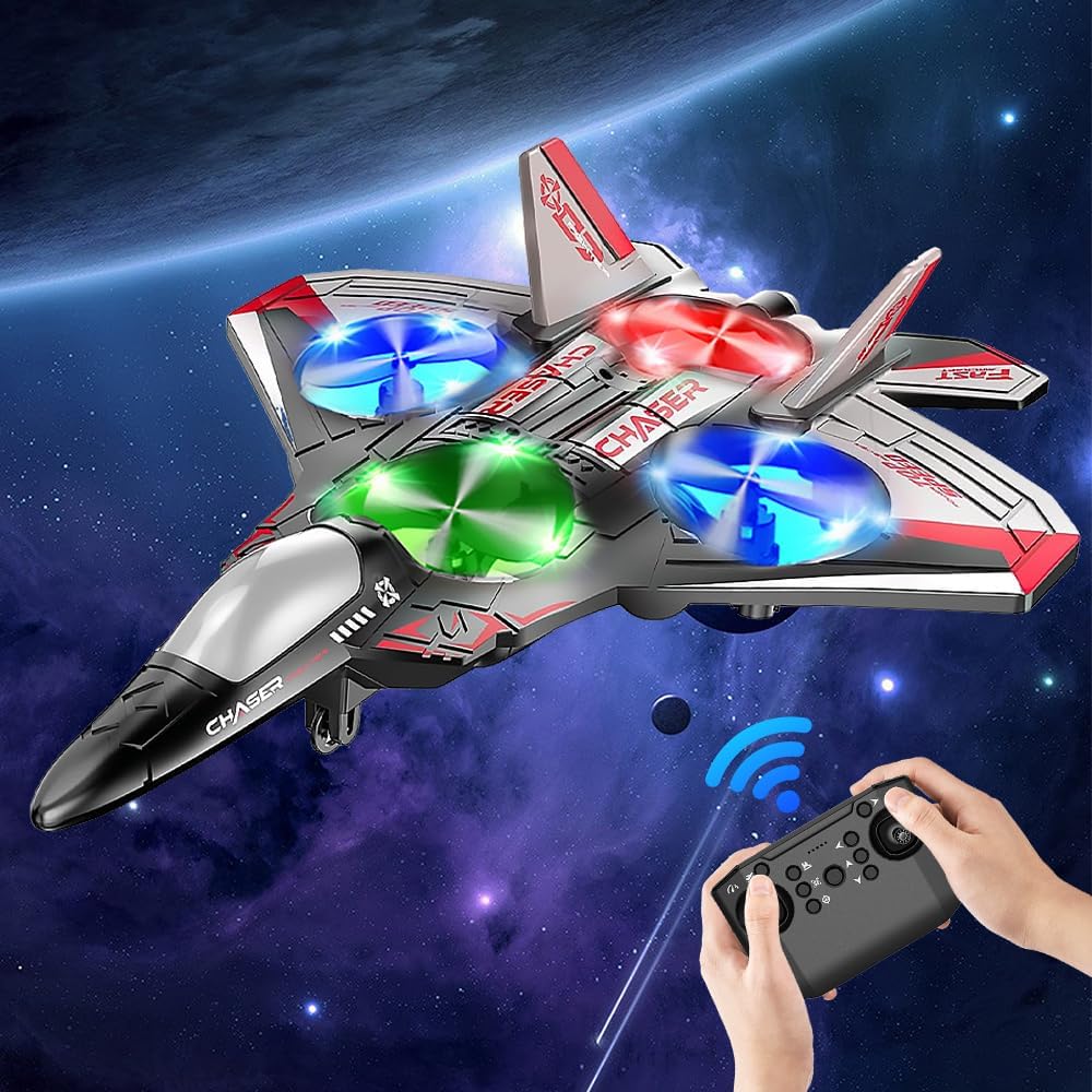 NAVESO RC Plane Toy for Kids 3-12 Year Old, 4 Channel Remote Control Plane with 2 Batteries and Light, 2.4 GHz RC Aeroplane Toys, 360° Flip Fighter Jet Toy Gifts for Boys Kids Adults Beginners (Red)