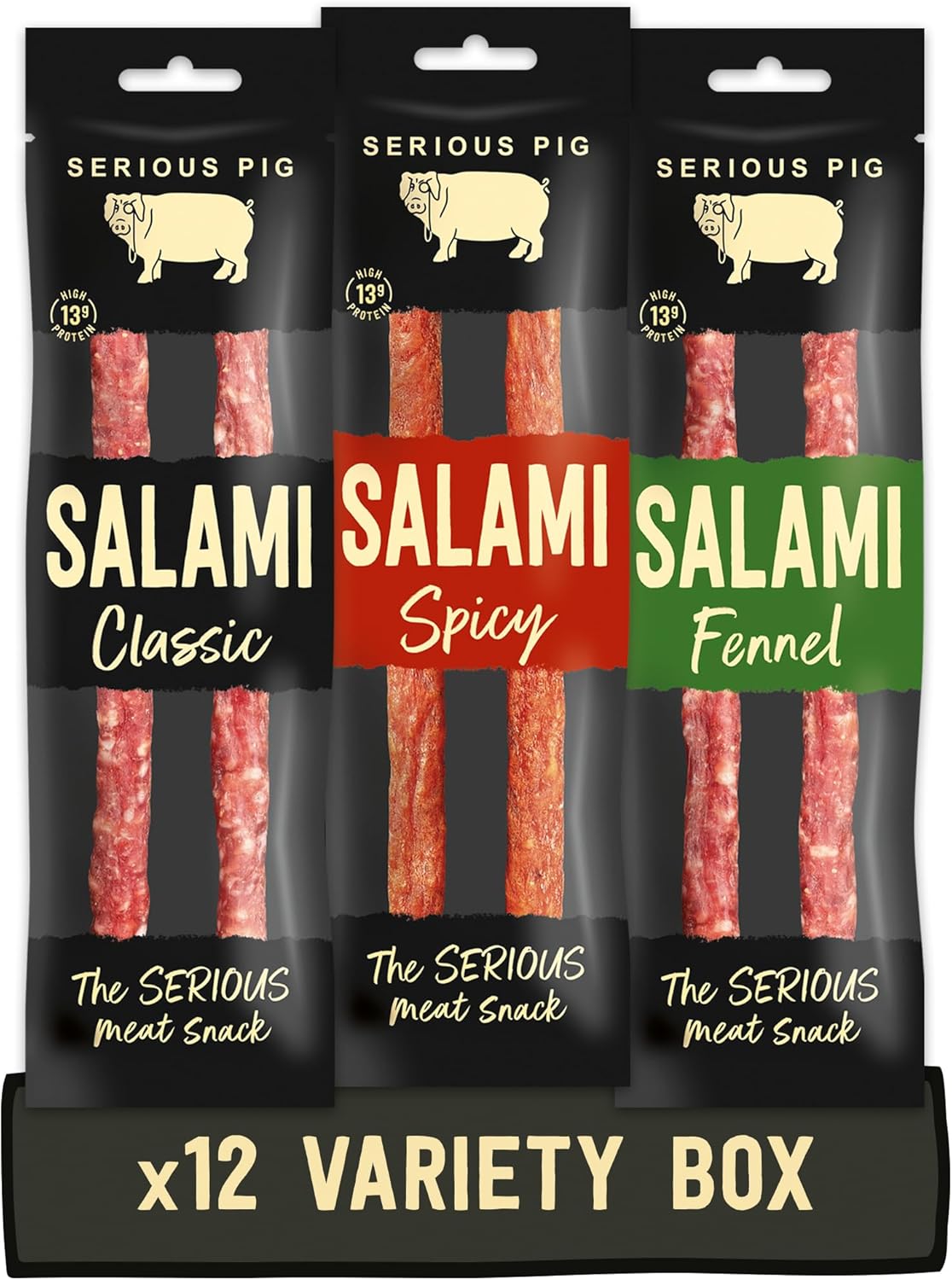 SERIOUS PIG - Salami Pub Snacks Variety Pack, Keto, High Protein, Free-Range British Pork, Salami, 30 g (Pack of 12)