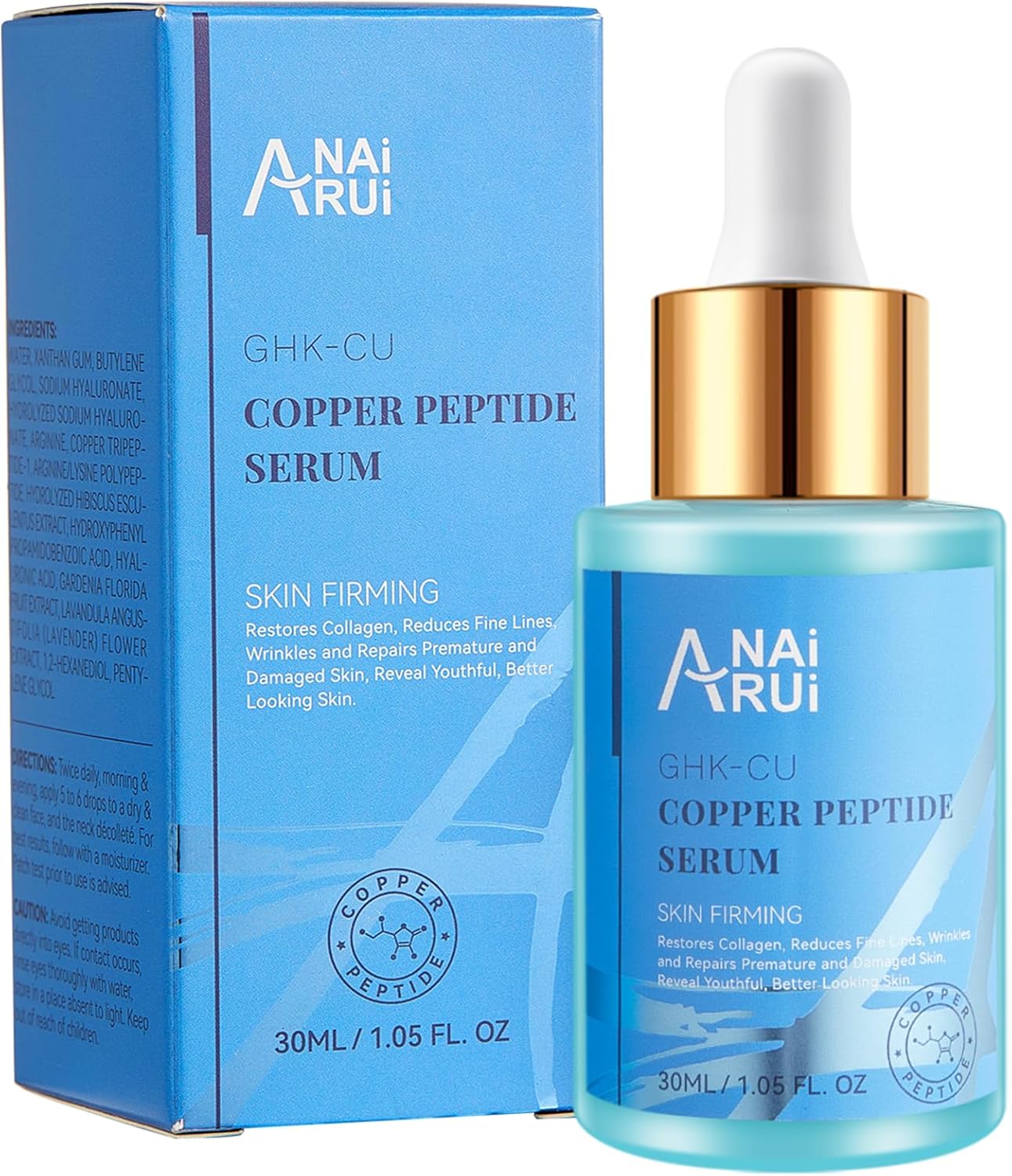 ANAiRUi Copper Peptides Serum for Face - GHK-Cu Anti Aging Face Serum with Hyaluronic Acid - Reduces Fine Lines & Wrinkles, Repairs Premature & Damaged Skin, Plump and Radiant Skin, 30ml