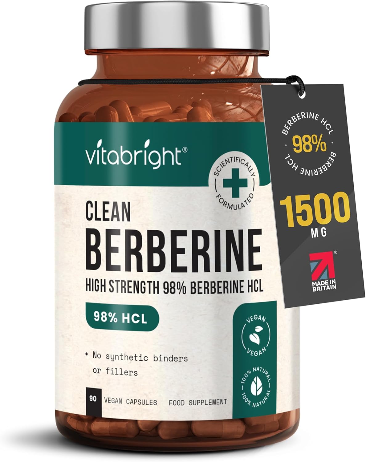 Berberine Supplement 500mg Capsules x 90 | 100% Natural & 98% Pure High Strength Berberine HCL | 1500mg x3 Caps - Berberine 1000mg High Strength x2 a Day or 500mg x1 a Day | VitaBright Clean Barberine