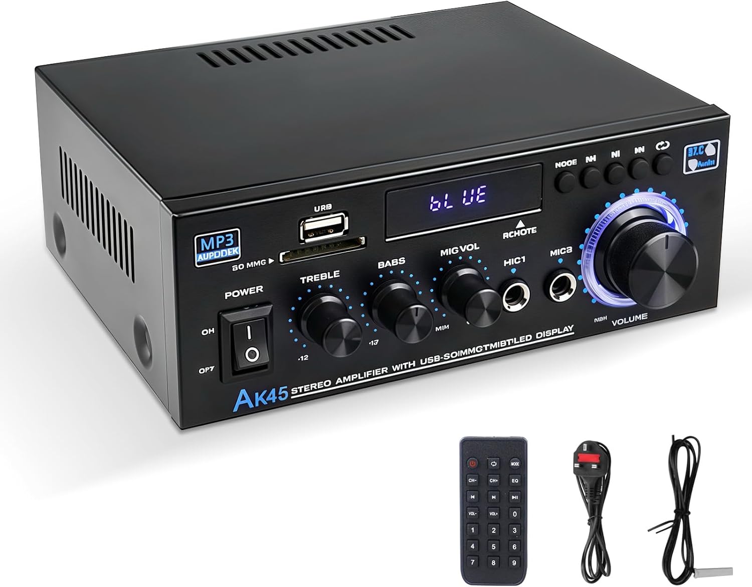 Stereo Audio Amplifier, Bluetooth 2.0 Channel Speaker Amplifier HiFi for Speakers FM Radio, Karaoke, LCD Display & Remote Control, w/USB/SD/RCA/MIC/FM in, for Home Car Speakers 40W x 2