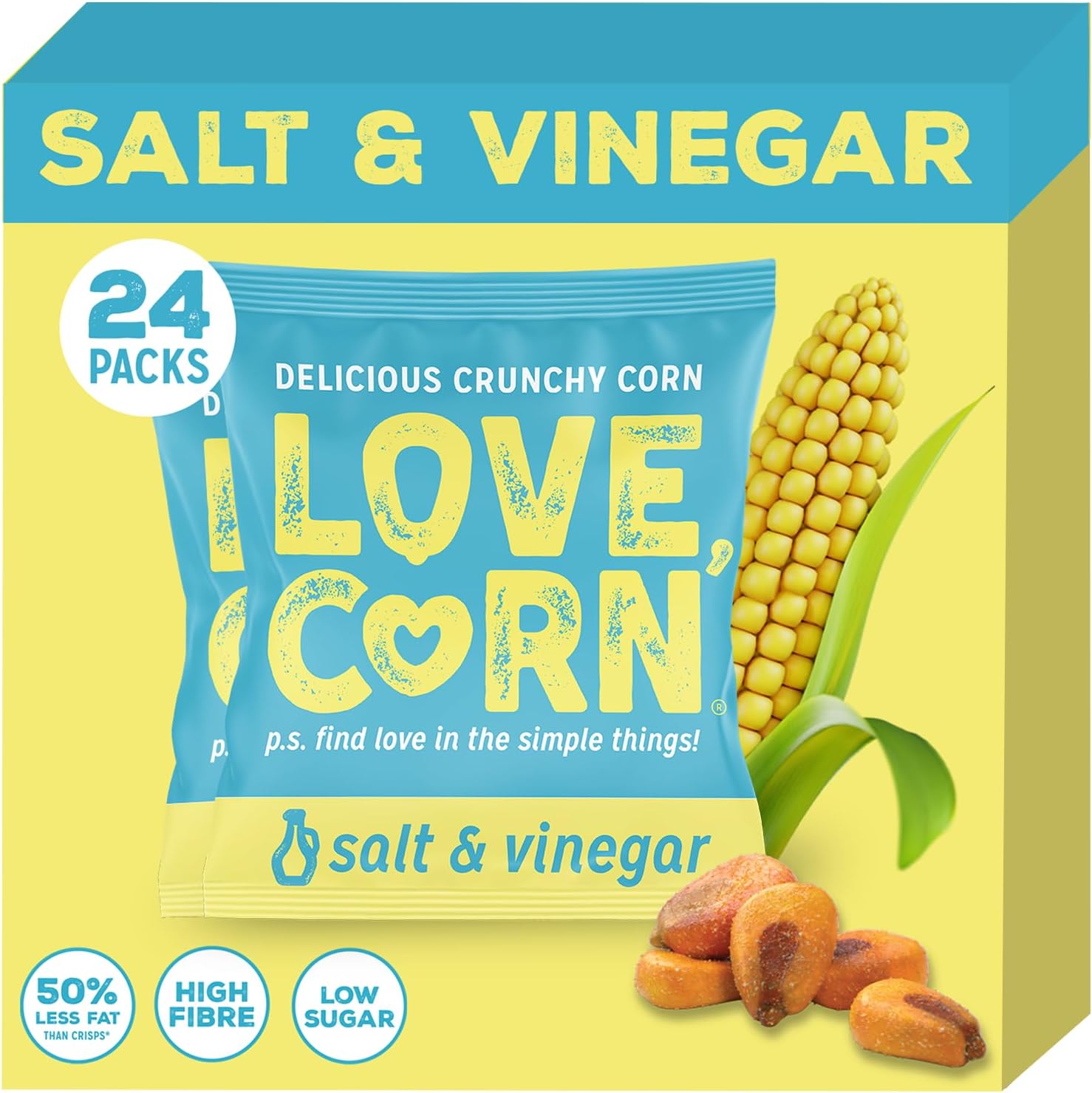 LOVE CORN Salt & Vinegar Crunchy Corn Snack 20g x 24 Bags – Healthy Snacks Ideal for Gluten Free & Vegan Diets – Low Sugar Alternative for Crisps, Mixed Nuts & Pretzels – Perfect To Graze On