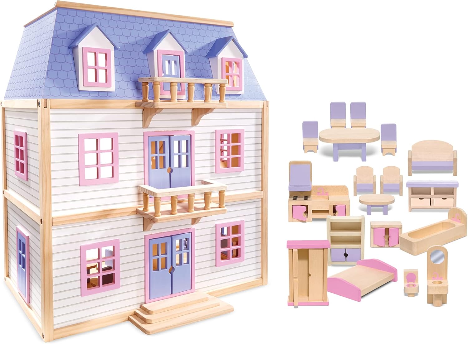 Melissa & Doug Wooden Multi-Level Dollhouse Wooden Multi-Story Pretend Play Dollhouse for Kids