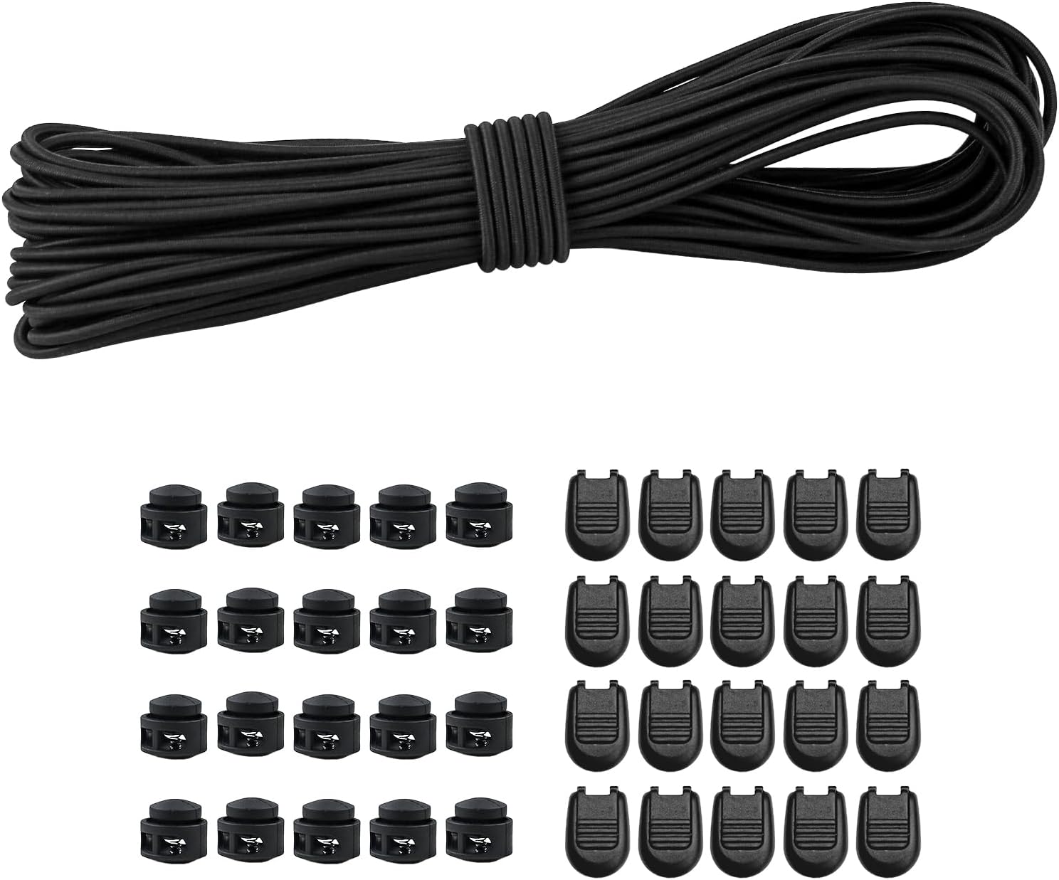 15M Black Elastic Cord,3mm Elastic String Bungee Cord Elastic Round Cord with 20 Pieces Zip Pull Cord Lock Cord, 20 Pieces Double Hole Spring for Sewing,Backpack,Shoelaces,DIY Projects (3mm*15M)