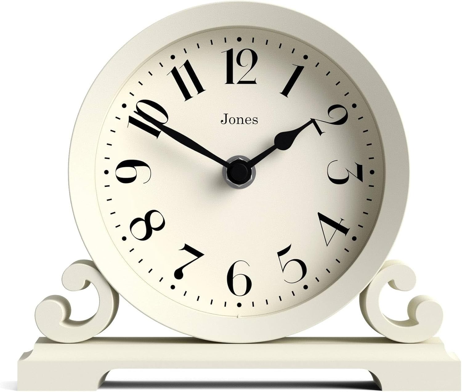 Jones Clocks® Saloon mantel clock | Small traditional double scroll design | Pale Cream | Contemporary classic style for desk, table, shelf or bedside
