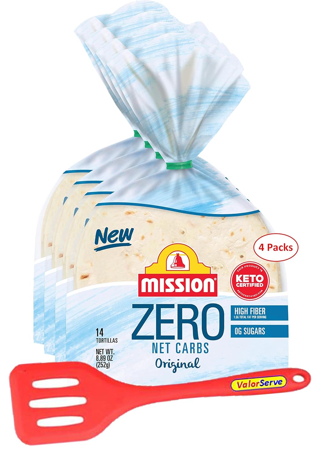 Mission Zero Net Carb Original Flour Tortillas - 0g Net Carbs - Keto Certified - 4.5" - 14 Count, 8.89 oz. - 4 Packs with ValorServe™ Mini Kitchen Utensil - Keto Friendly Zero Carb Street Taco Tortillas