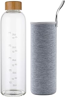 sunkey 32 oz Glass Water Bottle with Time Marker Bamboo Lid Neoprene Sleeve for to Go Travel Gym Home Reusable Eco Friendly Bpa Free (Gray)