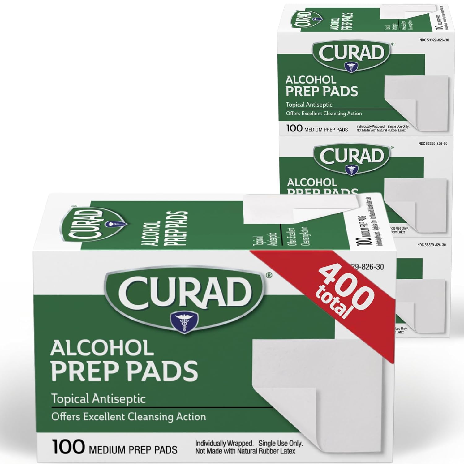 CURAD Alcohol Prep Pads (Pack of 4 Boxes), 400 Pieces of Medium Isopropyl Alcohol Wipes Individually Wrapped, First Aid Alcohol Swabs for Cuts & Scrapes, Medical Alcohol Pads for General Cleansing