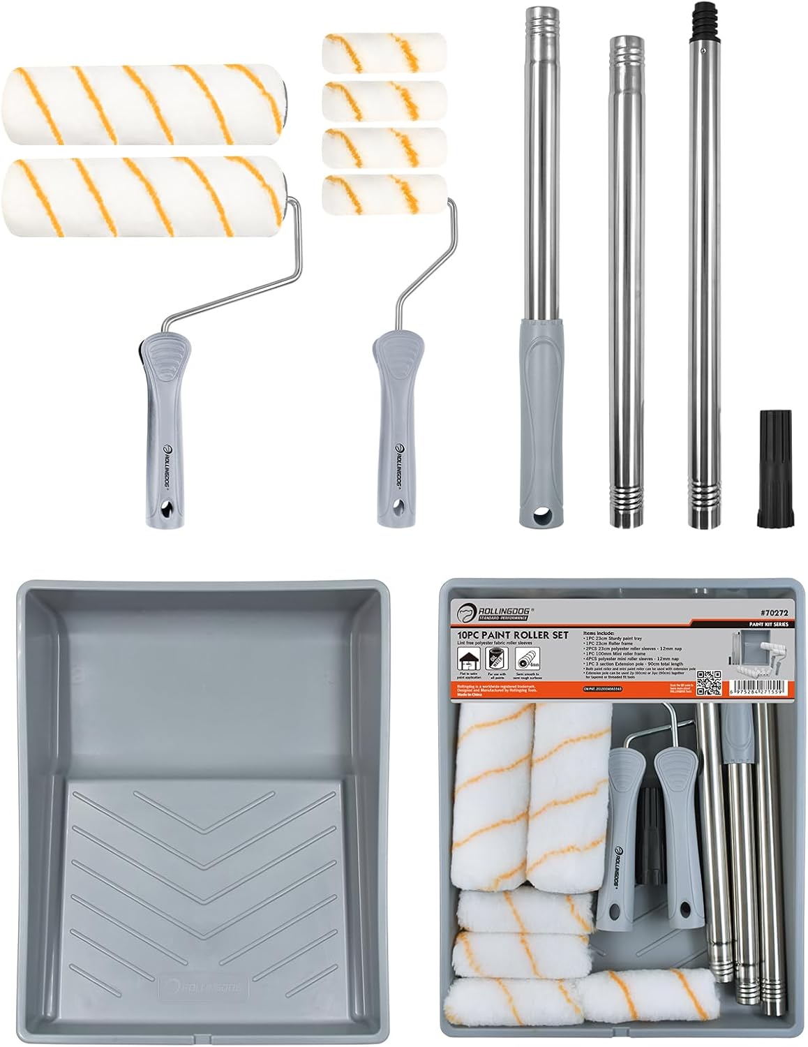 ROLLINGDOG Paint Roller Set - 9 inch Painting Roller Set, Paint Rollers and Trays Sets, Roller Sets for Painting, Paint Roller Set with Extension Pole, Pack of 10