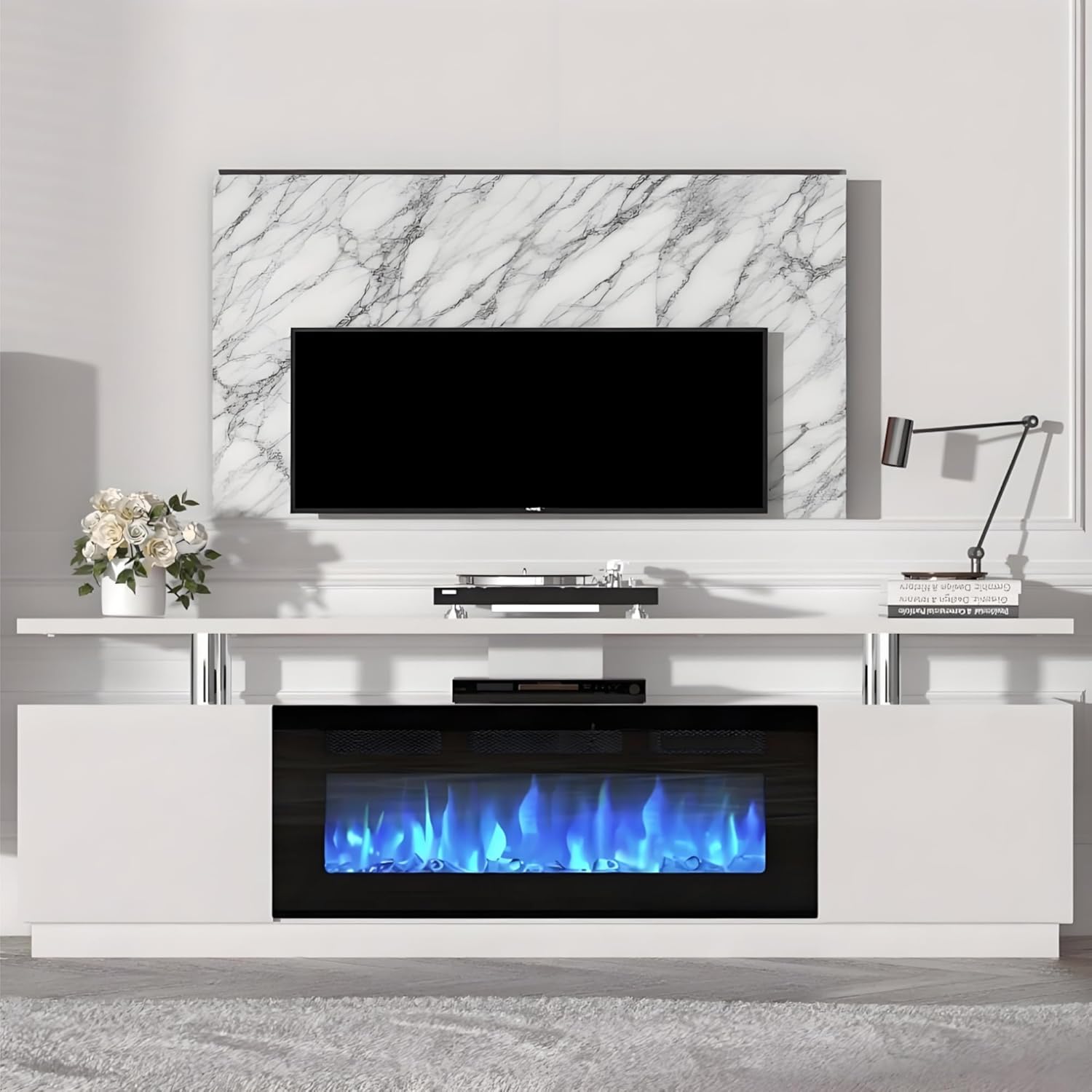 70'' Fireplace TV Stand, White Modern TV Stand with Electric Fireplace – 36" Heater, Adjustable LED Flame Effects and 12 Flame Colors, 2-Tier Storage & Cabinets