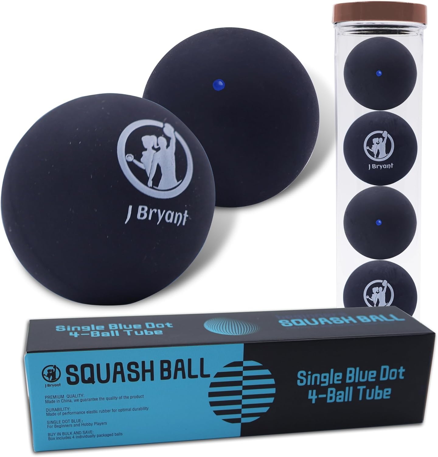 J Bryant Squash Balls 4 Pack, Single Blue Dot Rubber Squash Ball for Beginners and Kids Competition Training