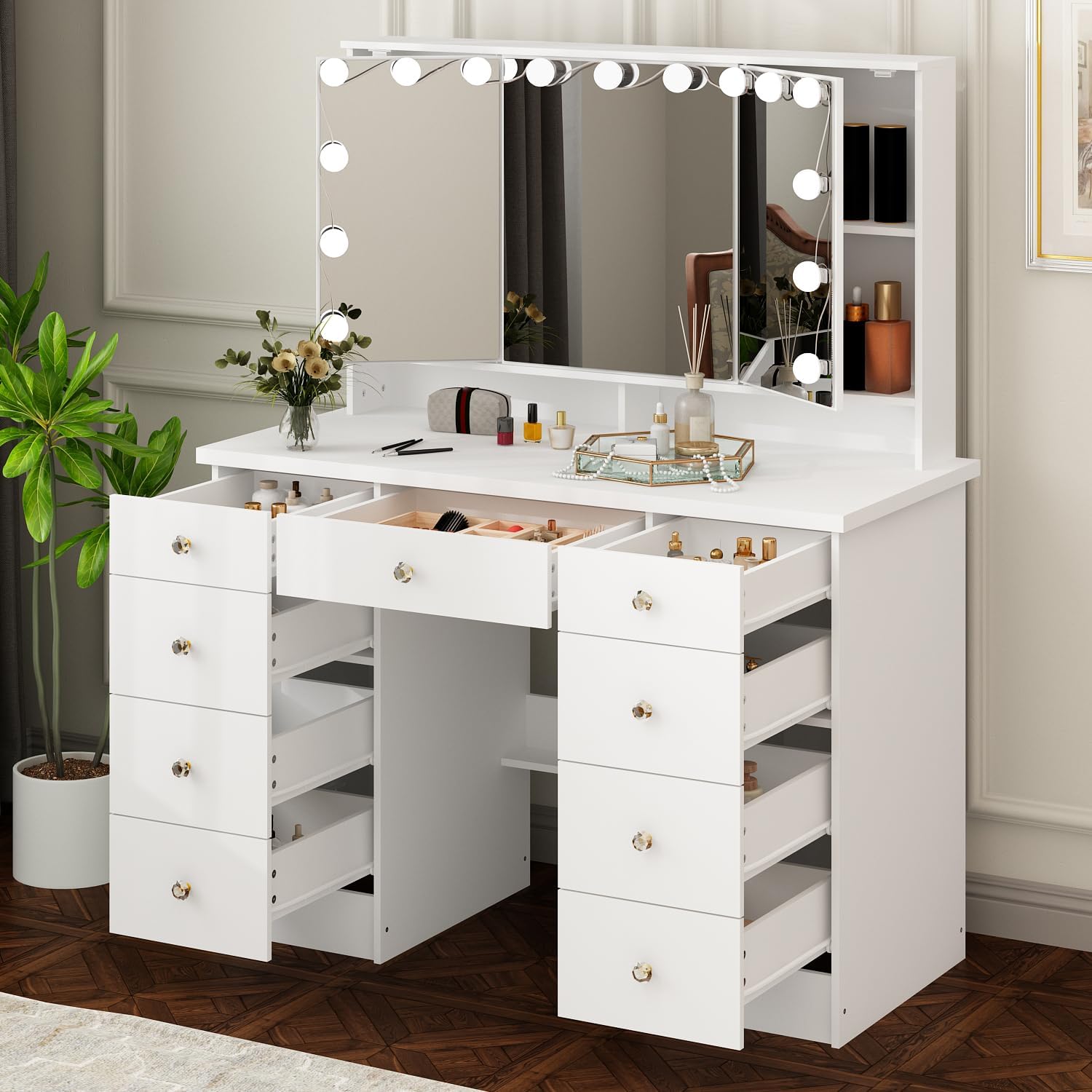 Large Vanity Desk with Trifold Mirrors & Hollywood Bulbs, 43.3" W Makeup Vanity Desk with LED Lights in 3 Color Modes & Brightness Adjustable, Makeup Desk with 9 Drawers for Storage, White