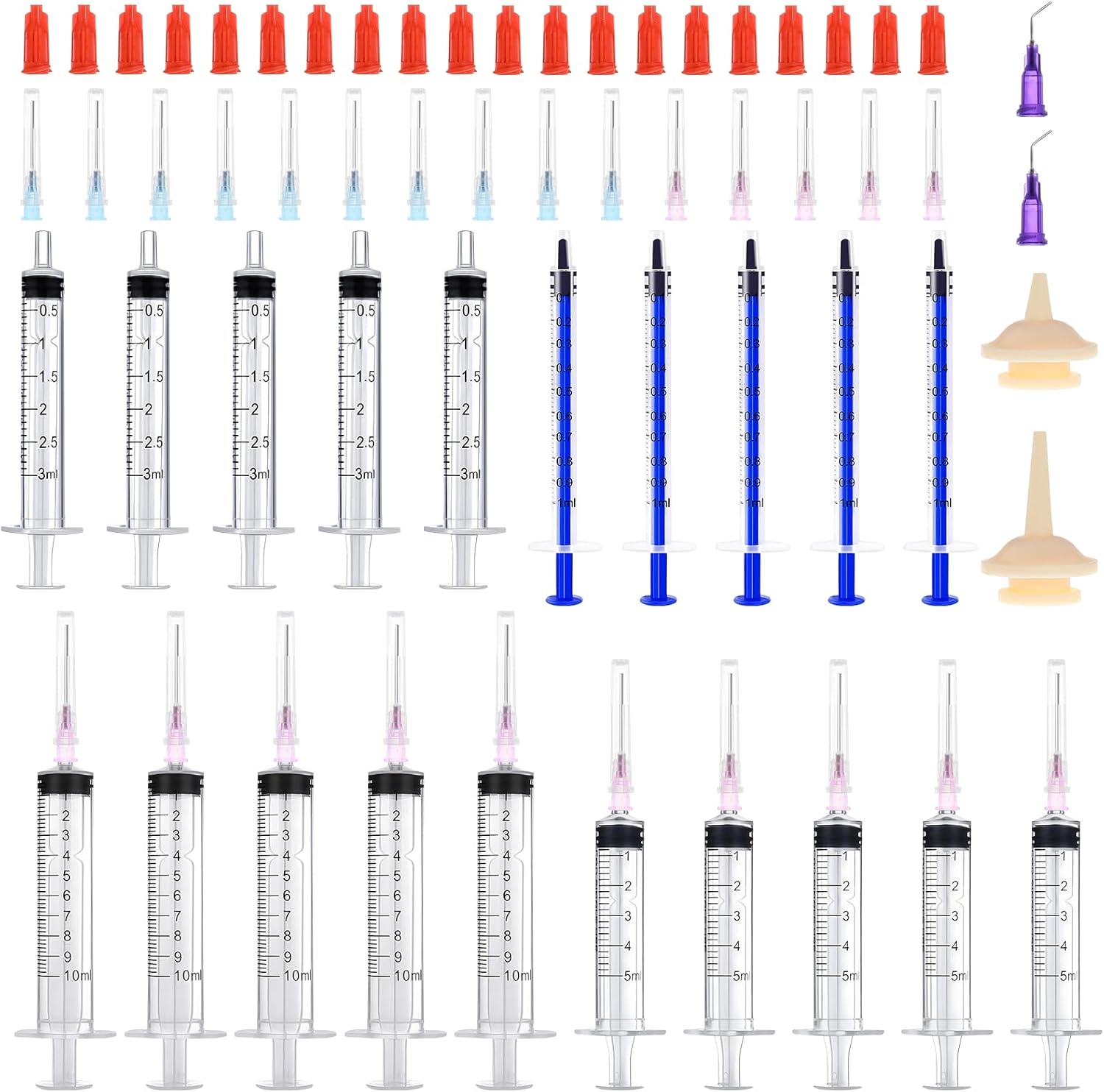 64PCS Syringe Set With Blunt Needle, 1ML 3ML 5ML 10ML Plastic Syringes With Cap, Reusable Syringe For Measuring Industrial Labs Experiment