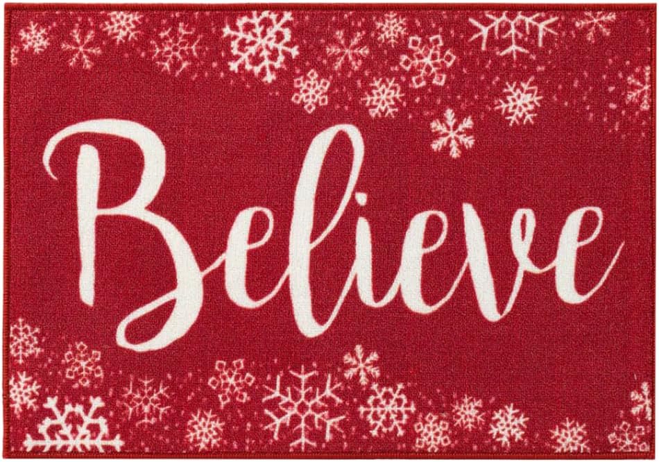 Christmas Printed Nylon Accent Rug, Believe Snow Holiday Theme, 20 x 30 inches, Non Skid Back
