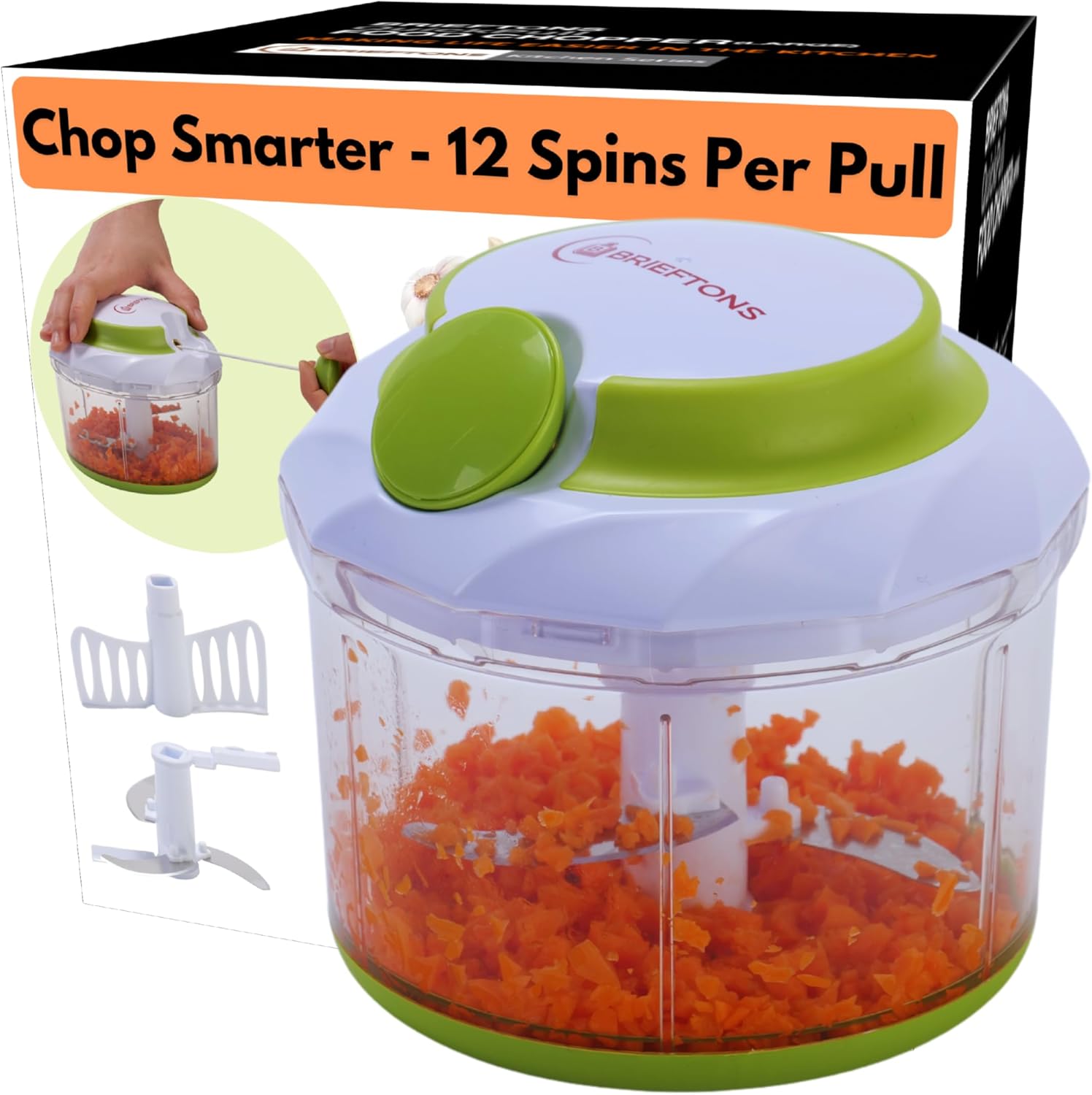 Brieftons QuickPull Manual Food Chopper: Large 4-Cup Powerful Hand Pull Chopper/Mincer/Mixer Blender to Chop Onion, Garlic, Vegetables, Fruits, Herbs for Salsa, Salad, Pesto, Puree, Indian Cooking