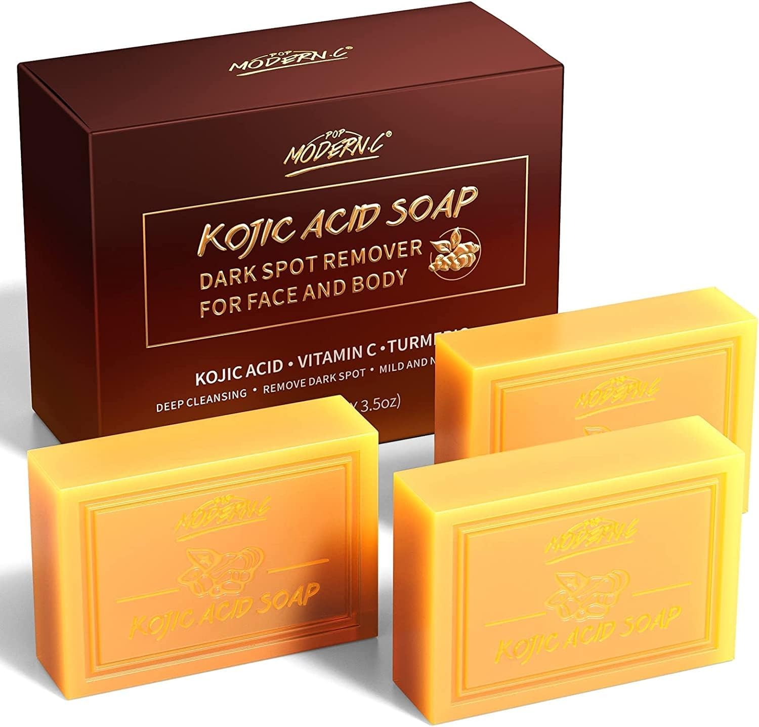 Kojic Acid Soap, with Turmeric & Vitamins C, Dark Spot Remover for Face and Body, 100g x3 Moisturizing for Acne Blackheads Remover, Hyaluronic Acid for Deep Cleansing, with a Mesh Pouch