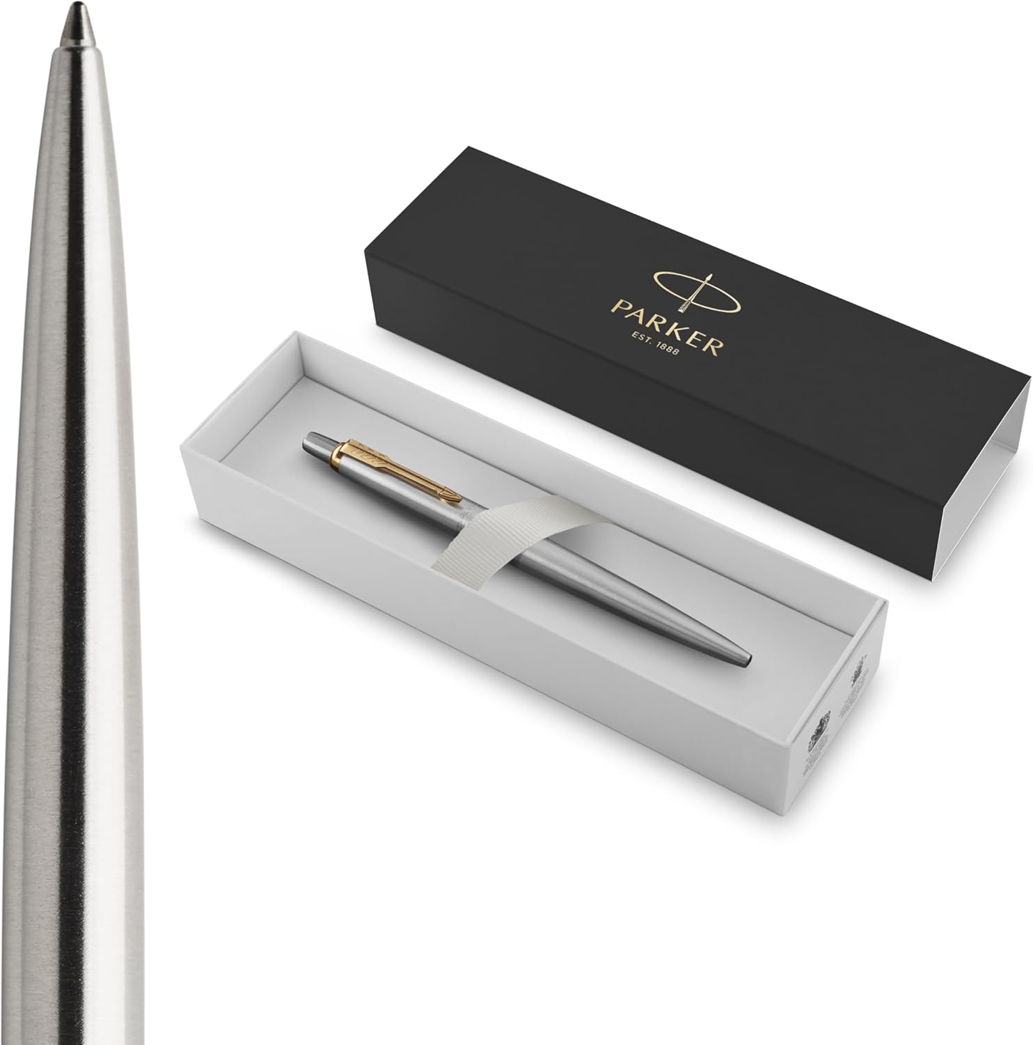 Parker Jotter Ballpoint Pen, Stainless Steel with Golden Trim, Medium Point, Blue Ink, Gift Box - Smooth Writing, Sleek, Polished, Professional, Desk Essentials
