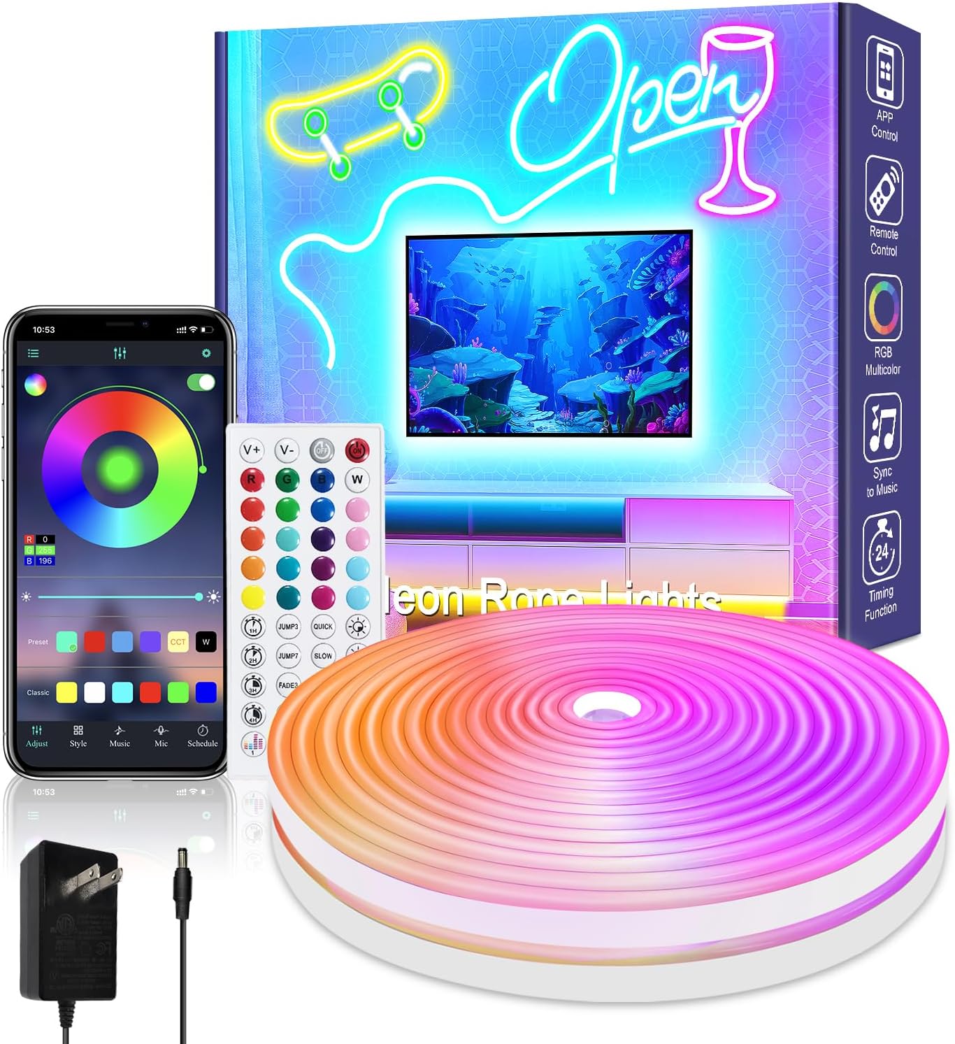 32.8ft Led neon Rope Lights Music Sync IP65 Waterproof Flexible Led Rope Lights 44Key Remote/APP Control,Outdoor RGB Neon Lights, DIY Wall Decor Neon Led Strip Lights for Bedroom Indoor.