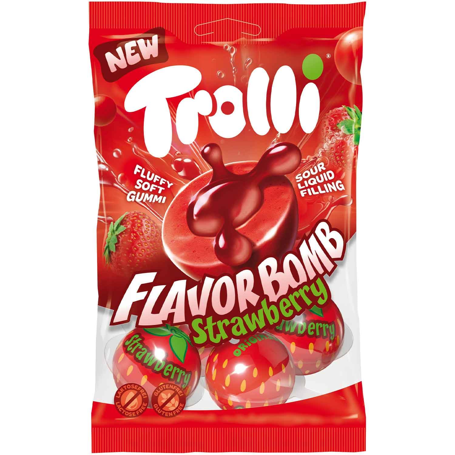 Trolli Flavorbomb Strawberry I Gummy Balls with Liquid Sour Strawberry Filling I 75g 2.6 ounce
