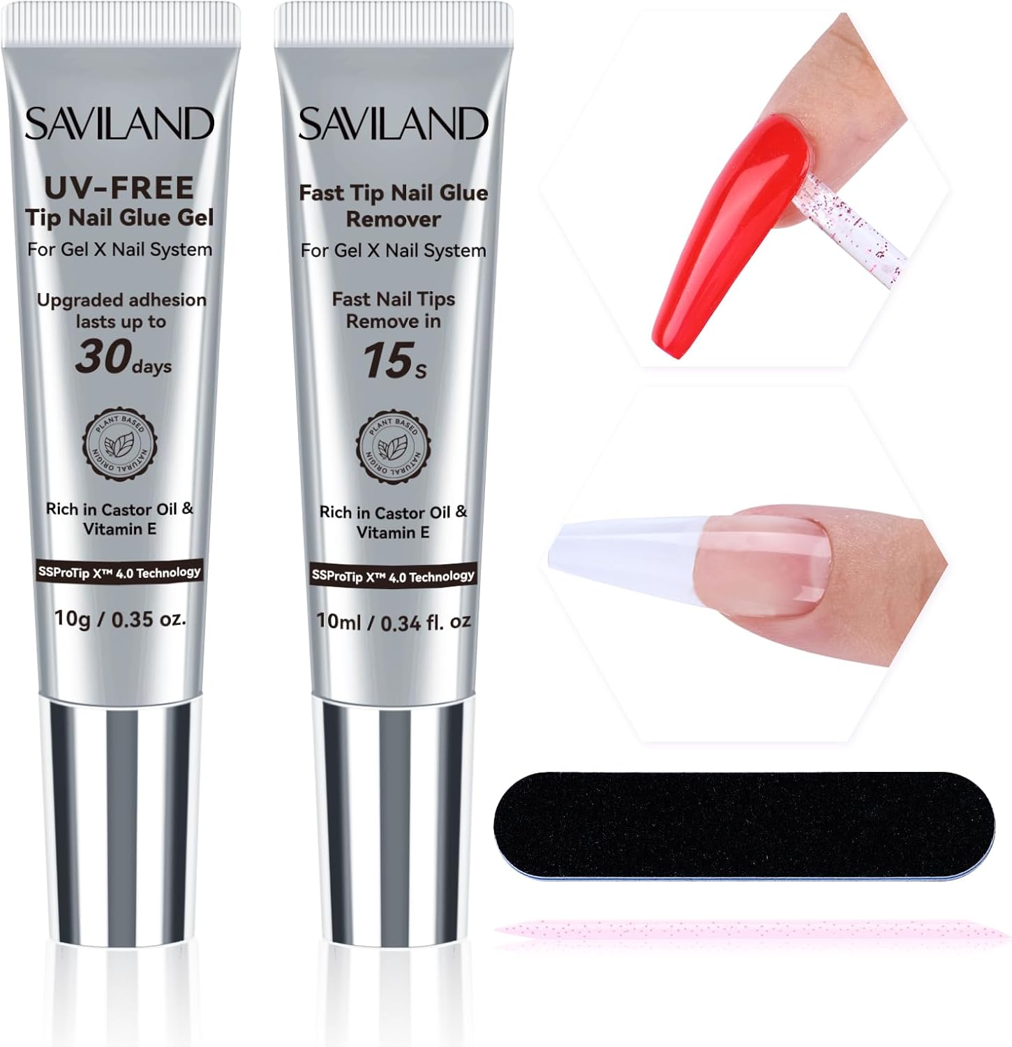 SAVILAND No Curing Nail Glue Gel with Remover: 30-Day Long Lasting Solid Nail Glue Gel for Press On Nails Strong Nail Glue 15s Fast Nail Glue Remover for False Nails Art Tools Home, No Need U V Lamp