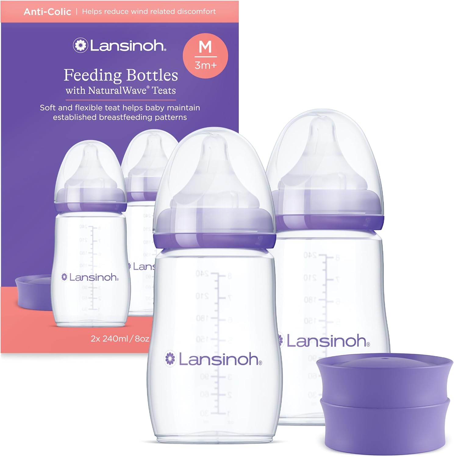Lansinoh Anti Colic Baby Bottle - 2 Pack 240 ml - NaturalWave® Teats Reduces Nipple Confusion - BPA & BPS-Free Breastfeeding Bottle Feeding Stackable Lid Fridge Freezer Milk Storage Feeding Bottles